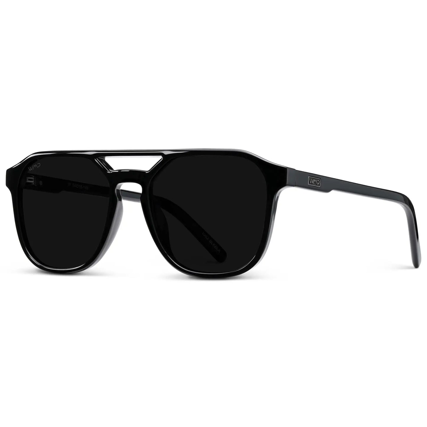 Black / Triple Black Lens || Modern Square Double Bridge Aviator Sunglasses with Black Acetate Frame and Triple Black Polarized Lenses
