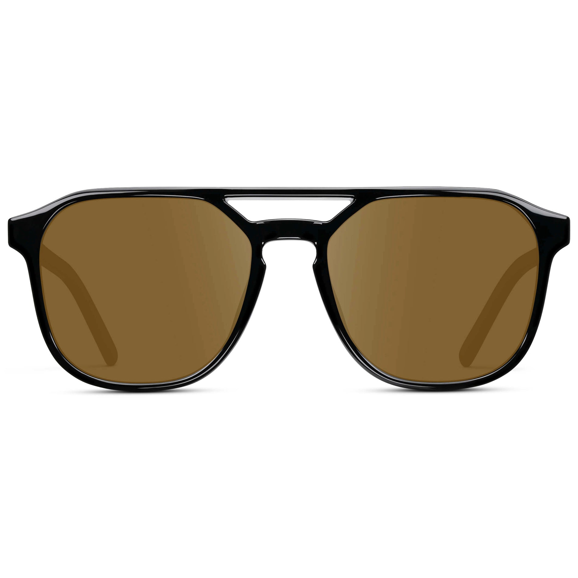 Black / Amber || Double Bridge Geometric Square Prescription Sunglasses with Black Acetate Frame and Brown Lenses