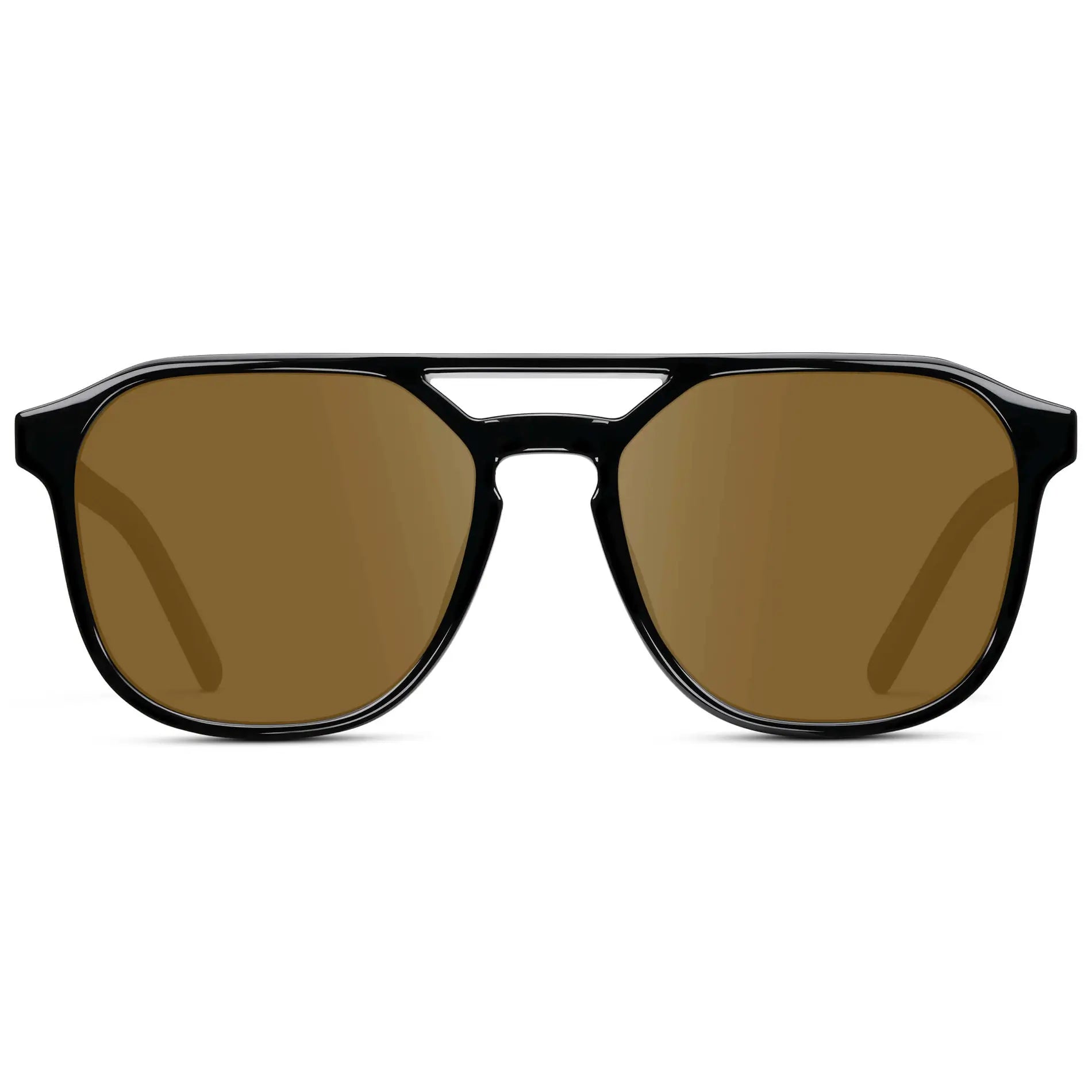 Black / Amber || Double Bridge Geometric Square Prescription Sunglasses with Black Acetate Frame and Brown Lenses on a white background