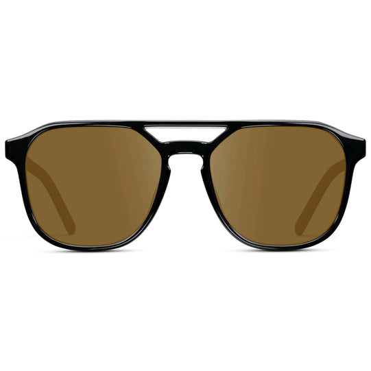Black / Amber || Double Bridge Geometric Square Prescription Sunglasses with Black Acetate Frame and Brown Lenses