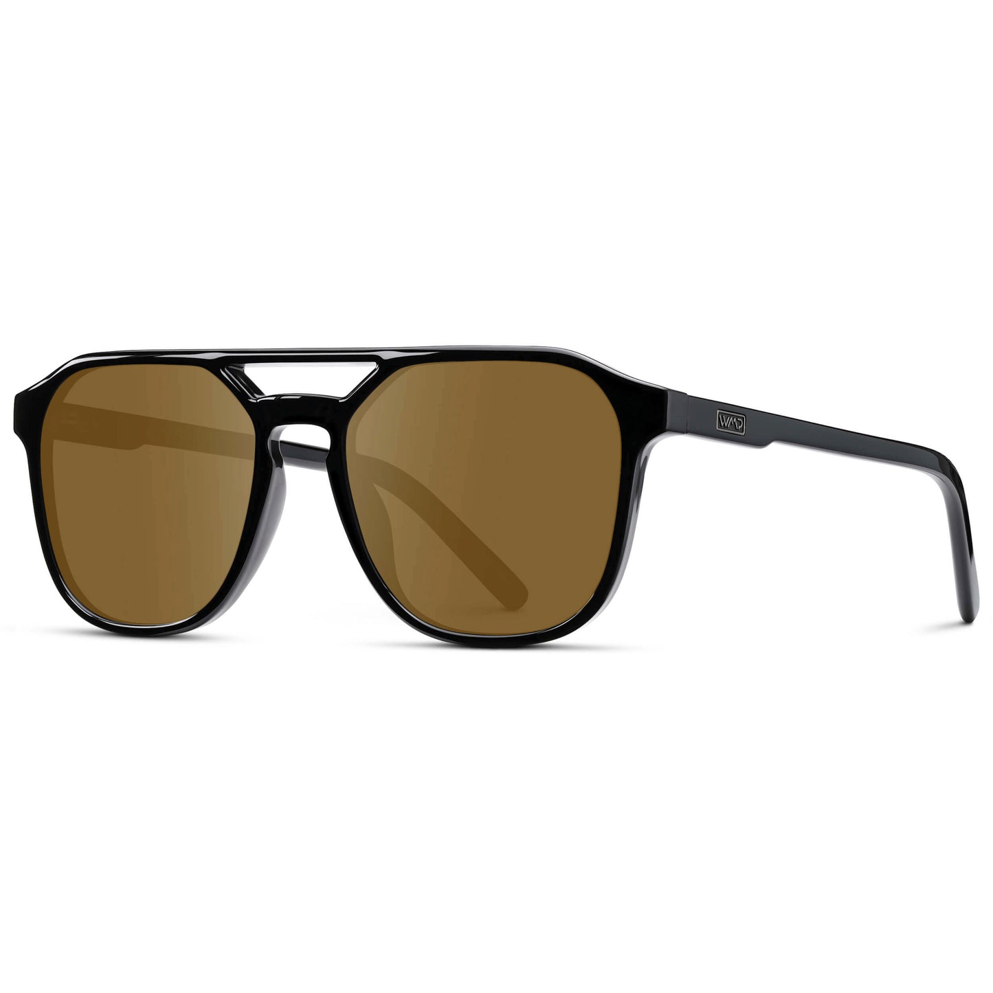 Black / Amber || Double Bridge Geometric Square Prescription Sunglasses with Black Acetate Frame and Brown Lenses