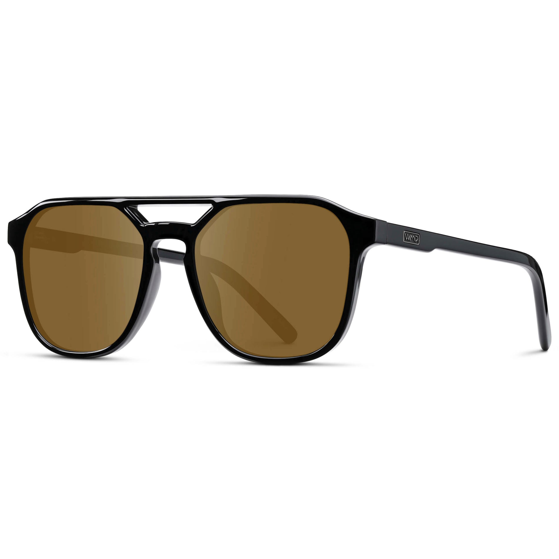 Black / Amber || Double Bridge Geometric Square Prescription Sunglasses with Black Acetate Frame and Brown Lenses