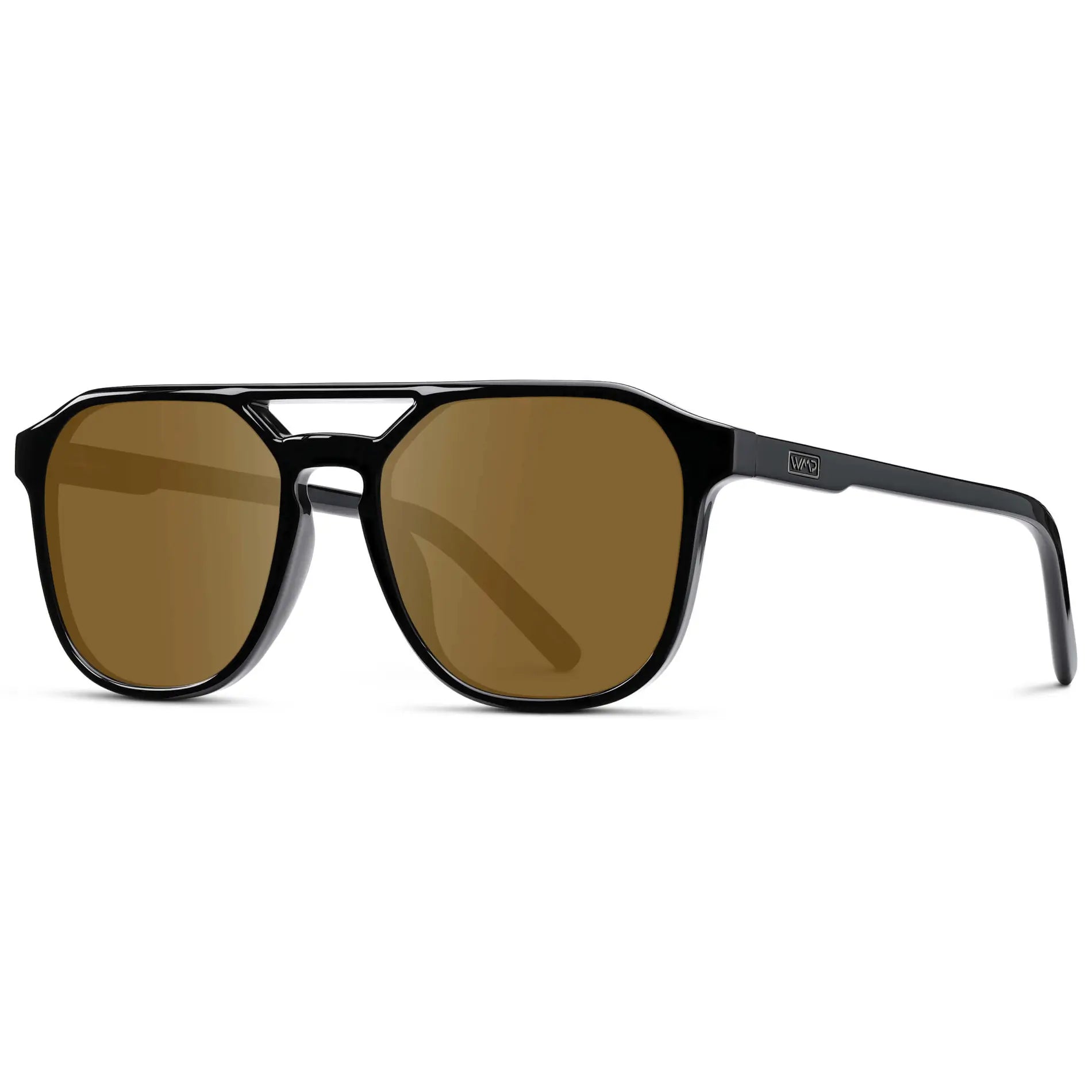 Black / Amber || Side view of Double Bridge Geometric Square Prescription Sunglasses with Black Acetate Frame and Brown Lenses on a white background