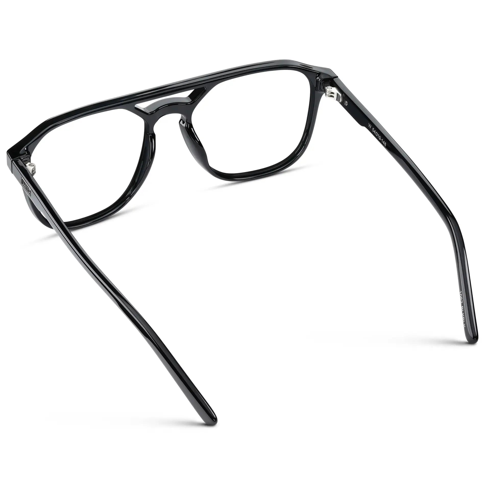 Black || Back view of Men's Double Bridge Geometric Square Prescription Glasses with Black Acetate Frame and Clear Lenses on a white background