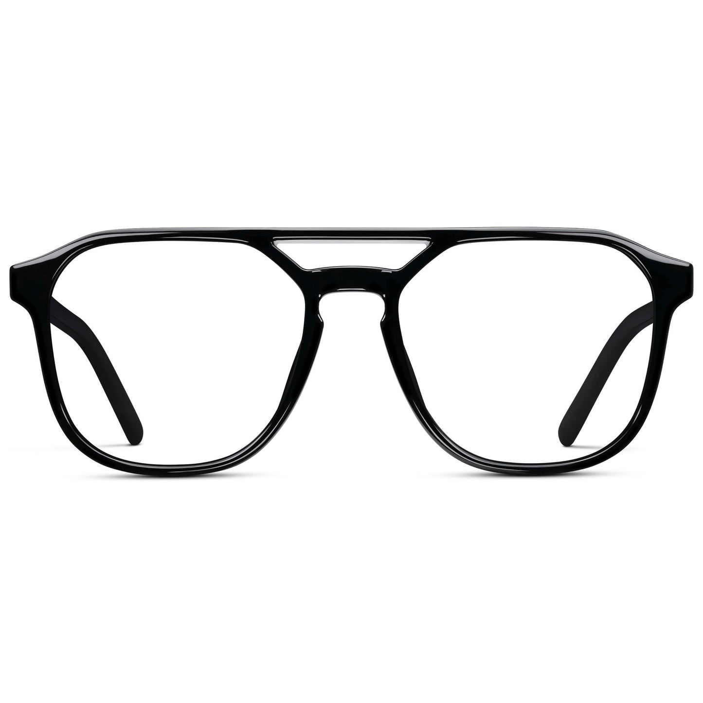 Black || Double Bridge Geometric Square Prescription Eyeglasses with Black Acetate Frame and Clear Lenses