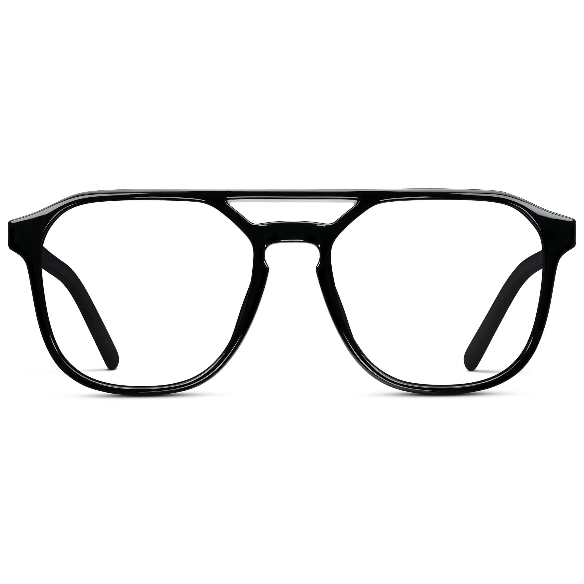 Black || Men's Double Bridge Geometric Square Prescription Glasses with Black Acetate Frame and Clear Lenses on a white background