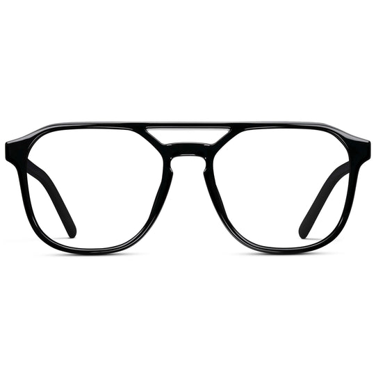 Black || Double Bridge Geometric Square Prescription Eyeglasses with Black Acetate Frame and Clear Lenses