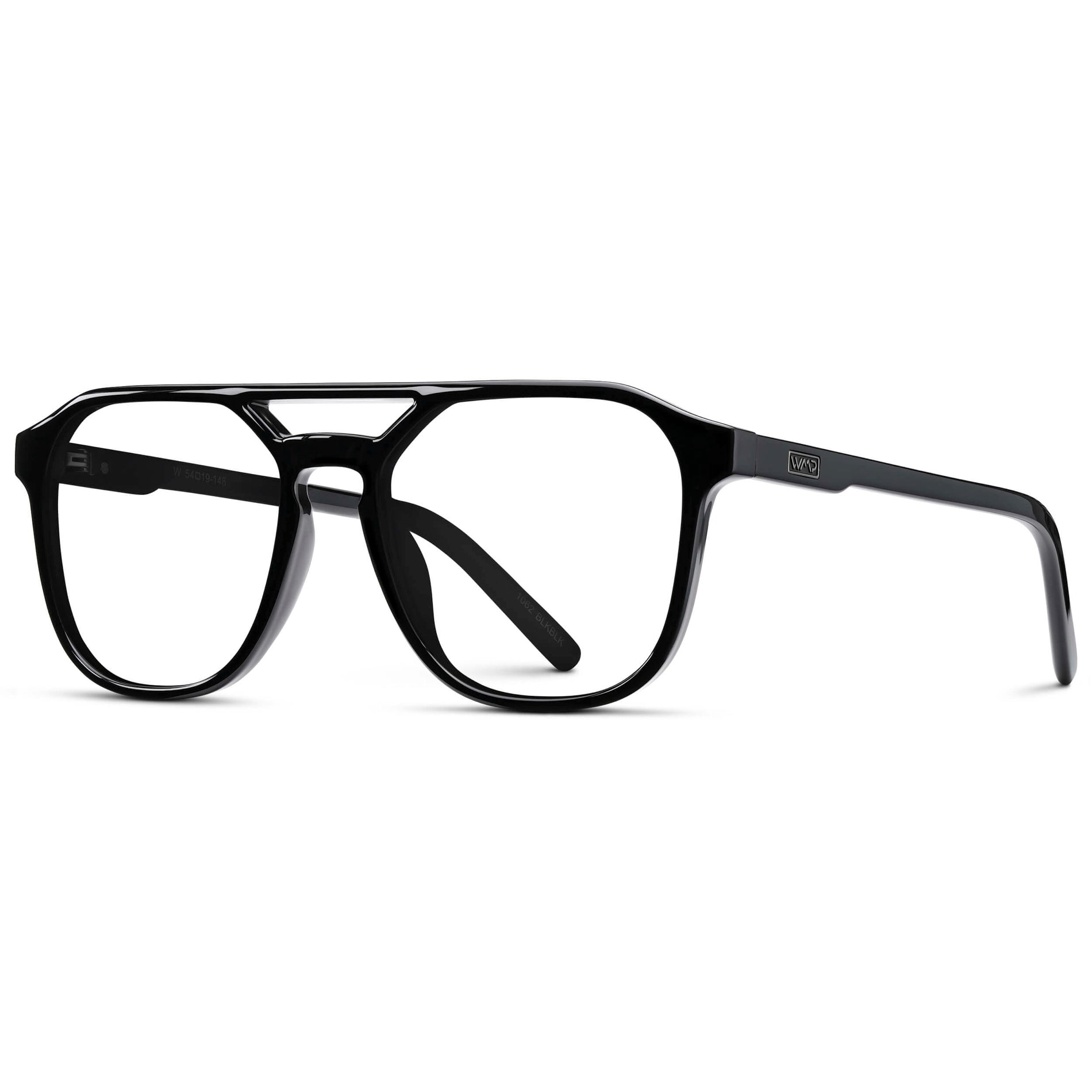 Black || Double Bridge Geometric Square Prescription Eyeglasses with Black Acetate Frame and Clear Lenses