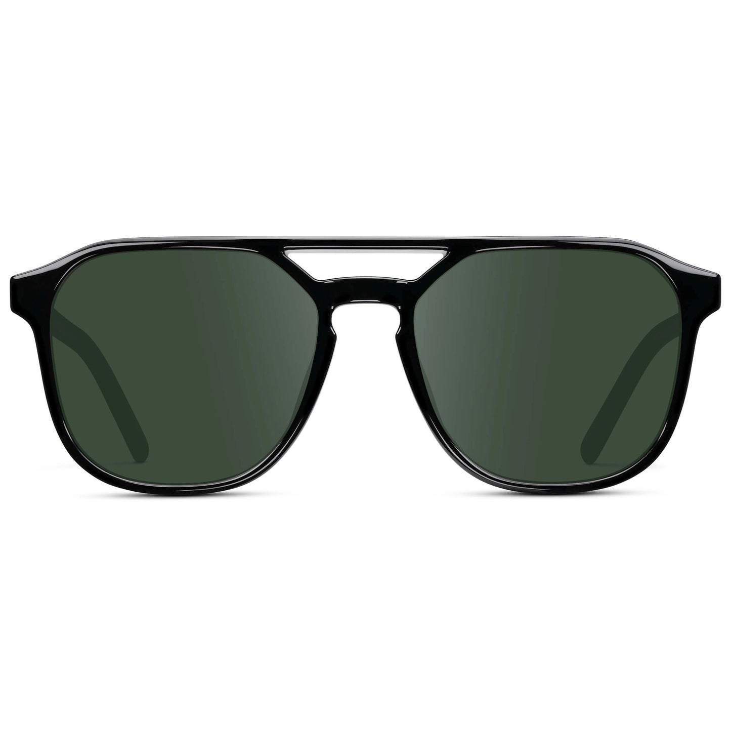 Black / G15 || Double Bridge Geometric Square Prescription Sunglasses with Black Acetate Frame and Green Lenses