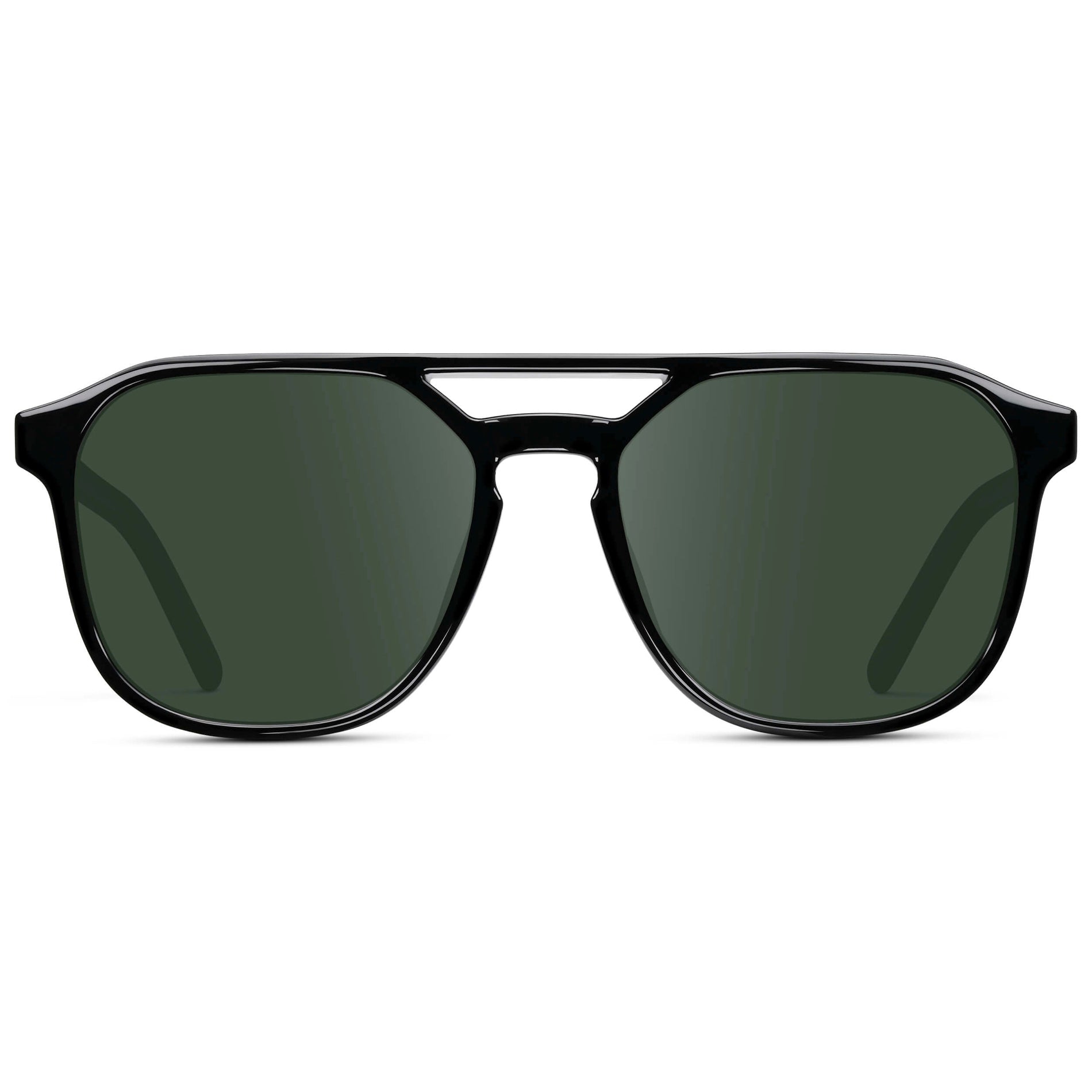 Black / G15 || Double Bridge Geometric Square Prescription Sunglasses with Black Acetate Frame and Green Lenses