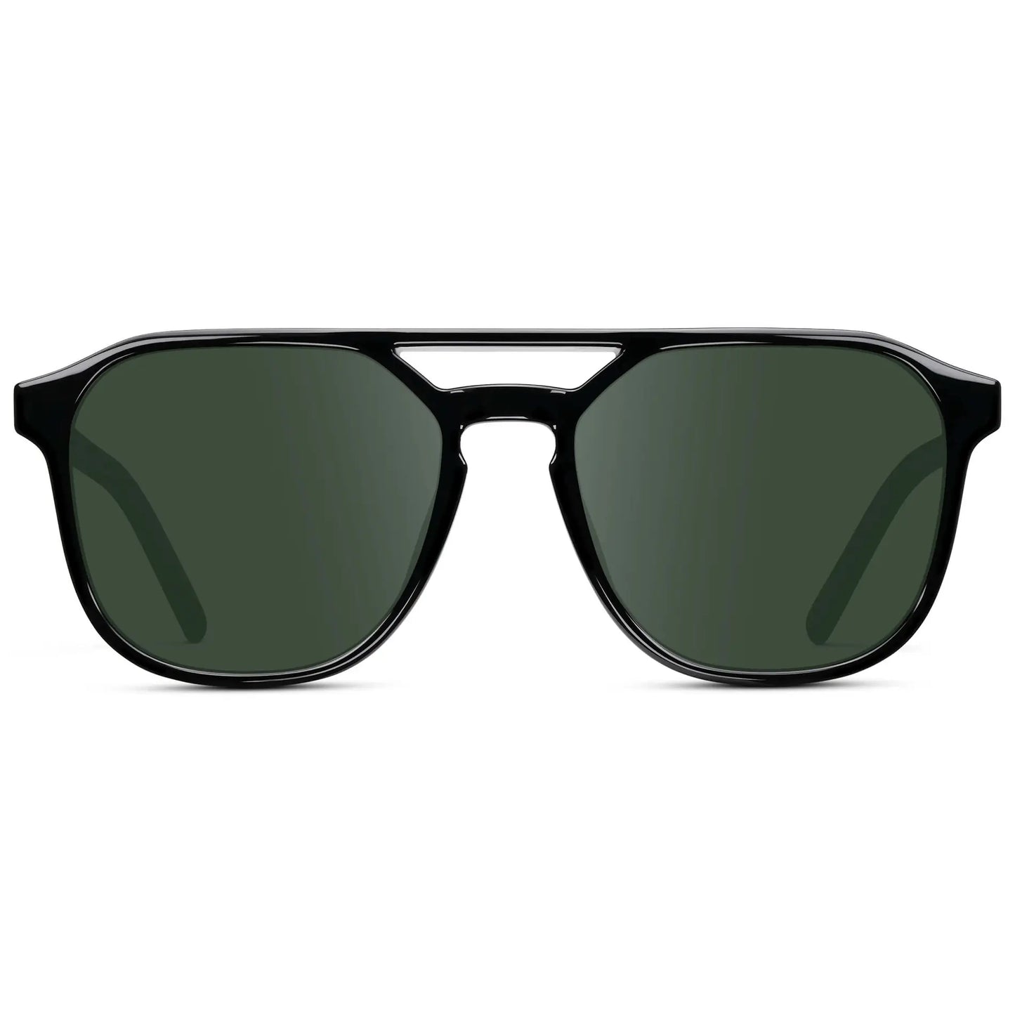 Black / G15 || Double Bridge Geometric Square Prescription Sunglasses with Black Acetate Frame and Green Lenses on a white background