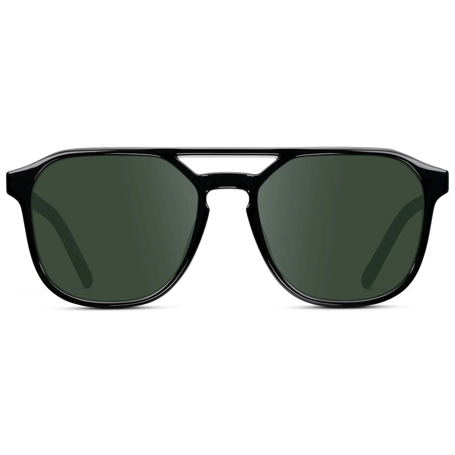 Black / G15 || Double Bridge Geometric Square Prescription Sunglasses with Black Acetate Frame and Green Lenses on a white background