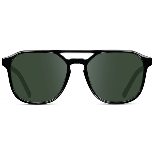 Black / G15 || Double Bridge Geometric Square Prescription Sunglasses with Black Acetate Frame and Green Lenses