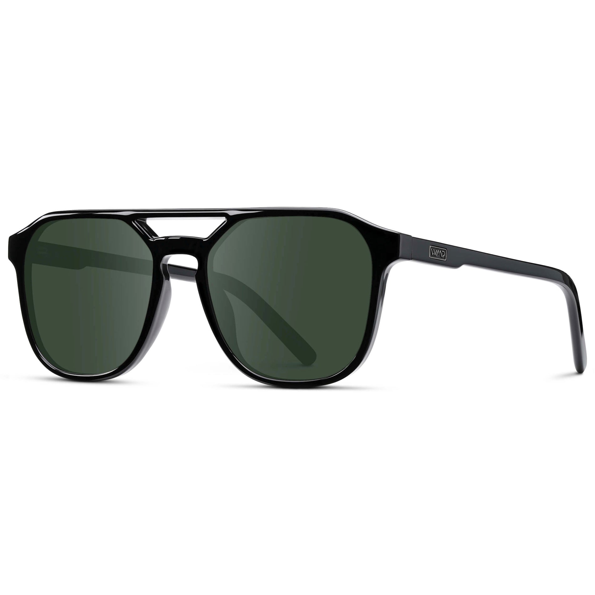Black / G15 || Double Bridge Geometric Square Prescription Sunglasses with Black Acetate Frame and Green Lenses