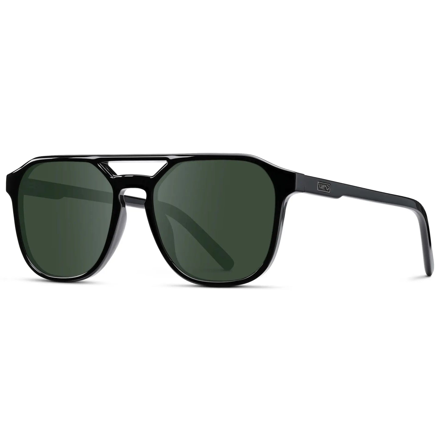 Black / G15 || Side view of Double Bridge Geometric Square Prescription Sunglasses with Black Acetate Frame and Green Lenses on a white background