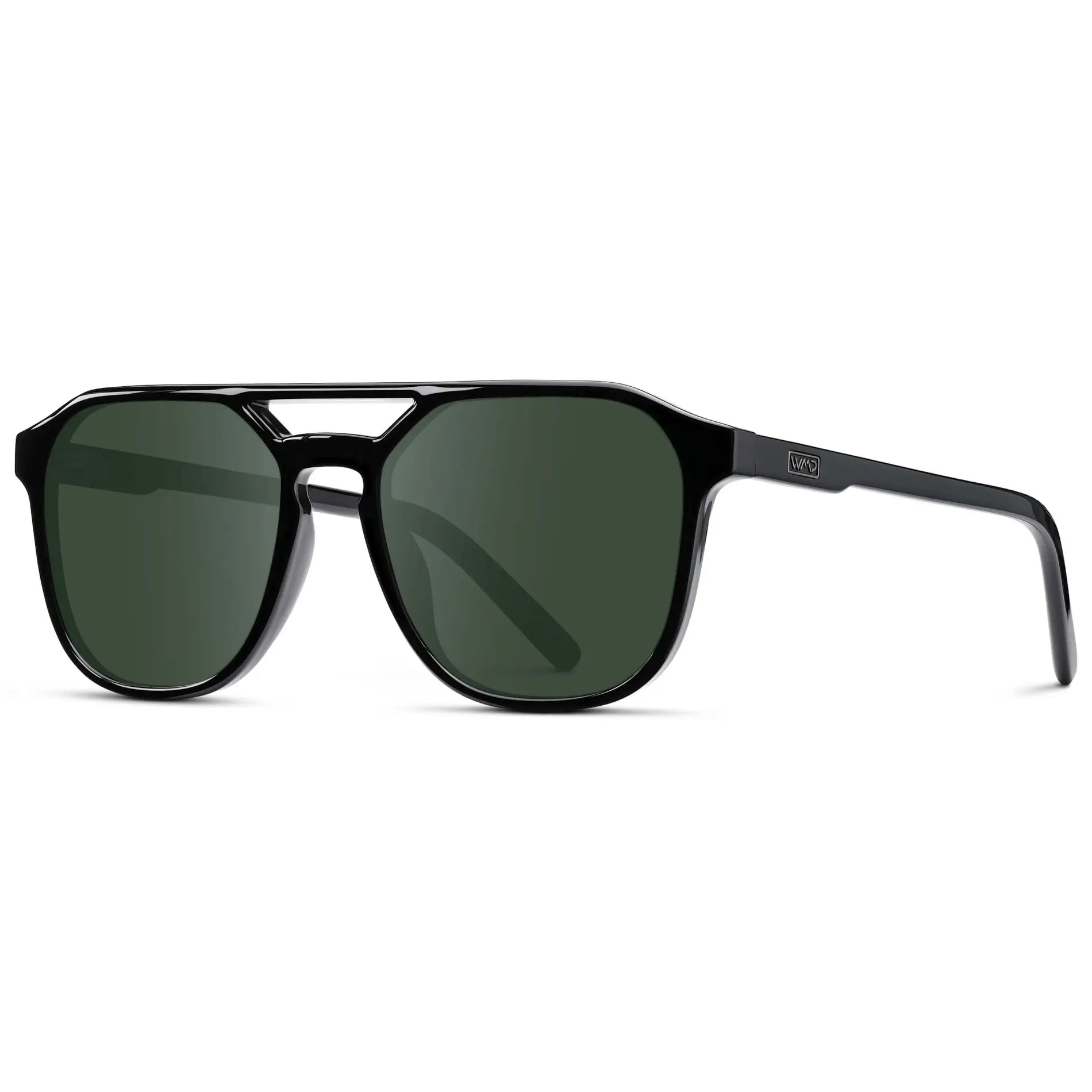 Black / G15 || Side view of Double Bridge Geometric Square Prescription Sunglasses with Black Acetate Frame and Green Lenses on a white background