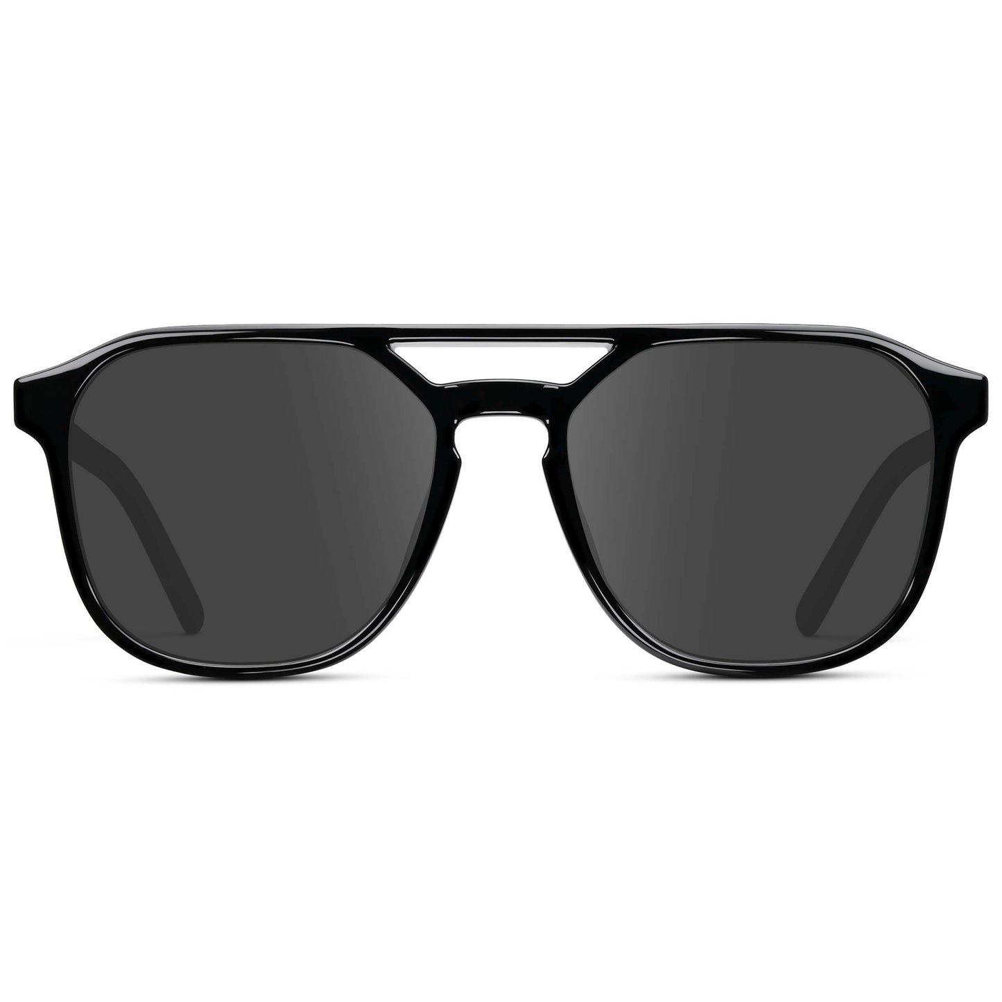 Black / Grey || Double Bridge Geometric Square Prescription Sunglasses with Black Acetate Frame and Grey Lenses