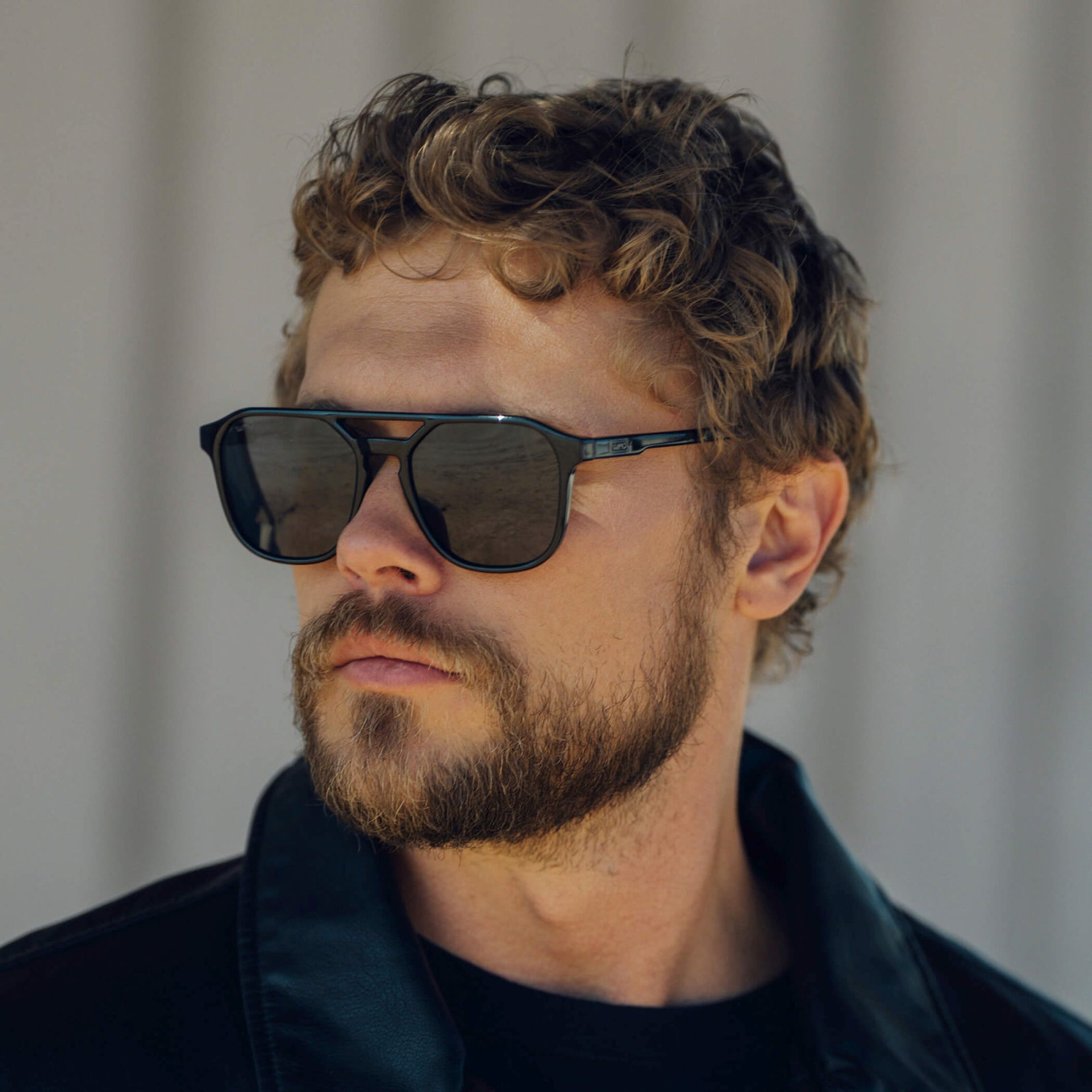 Black / Triple Black Lens || Modern Square Double Bridge Aviator Sunglasses with Black Acetate Frame and Triple Black Polarized Lenses
