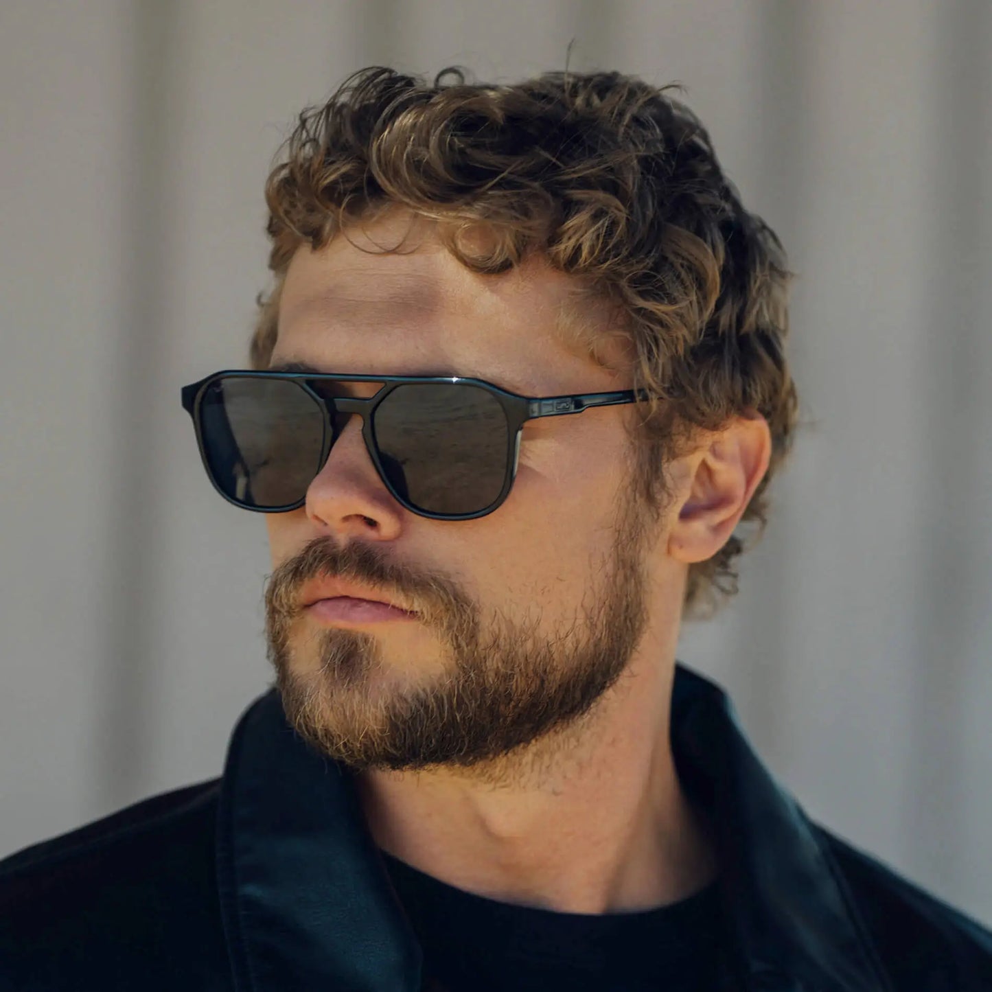 Black / Grey || Double Bridge Geometric Square Prescription Sunglasses with Black Acetate Frame and Grey Lenses