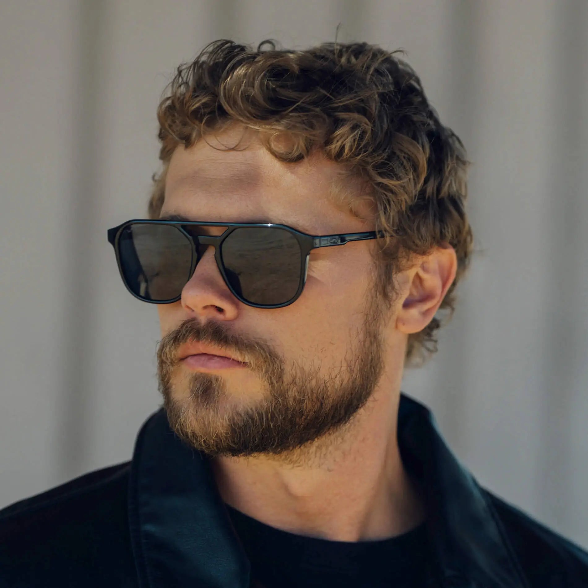 Black / Triple Black Lens || Modern Square Double Bridge Aviator Sunglasses with Black Acetate Frame and Triple Black Polarized Lenses