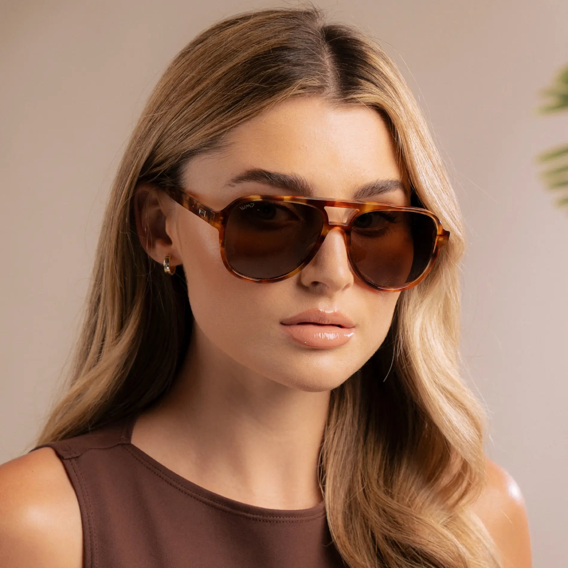 Honeycomb Tortoise / Brown Lens || Model wearing Women's Honeycomb Tortoise Aviator Frame Sunglasses with Brown Polarized Lenses