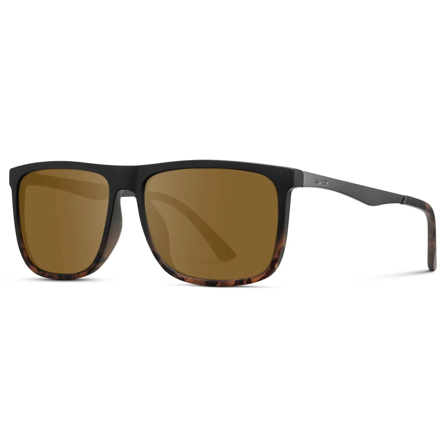 Matte Black Tortoise / Amber || Side view of Men's Prescription Sunglasses with Matte Black Tortoise Polycarbonate and Stainless Steel Frame and Amber Prescription Lens on a white background