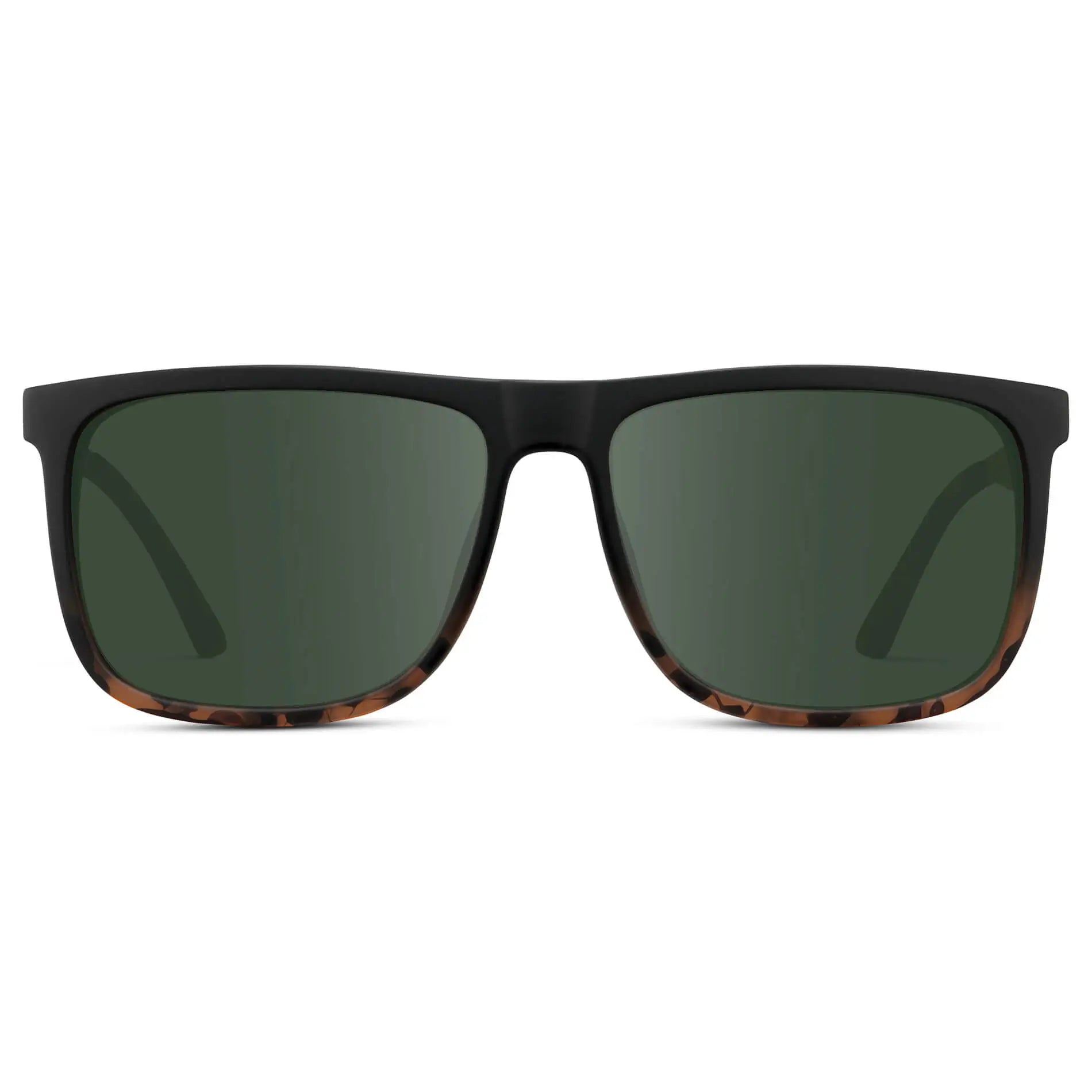 Matte Black Tortoise / G15 || Men's Prescription Sunglasses with Matte Black Tortoise Polycarbonate and Stainless Steel Frame and Green Prescription Lens on a white background