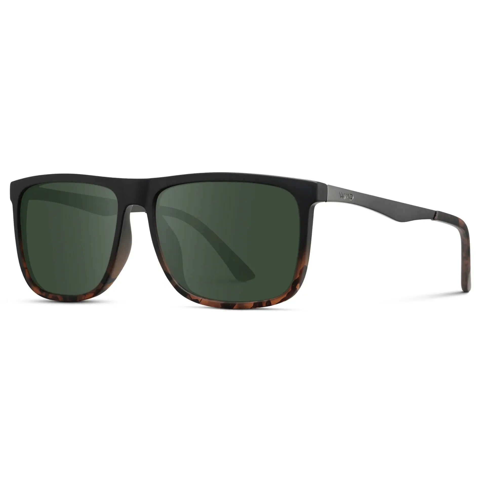 Matte Black Tortoise / G15 || Side view of Men's Prescription Sunglasses with Matte Black Tortoise Polycarbonate and Stainless Steel Frame and Green Prescription Lens on a white background