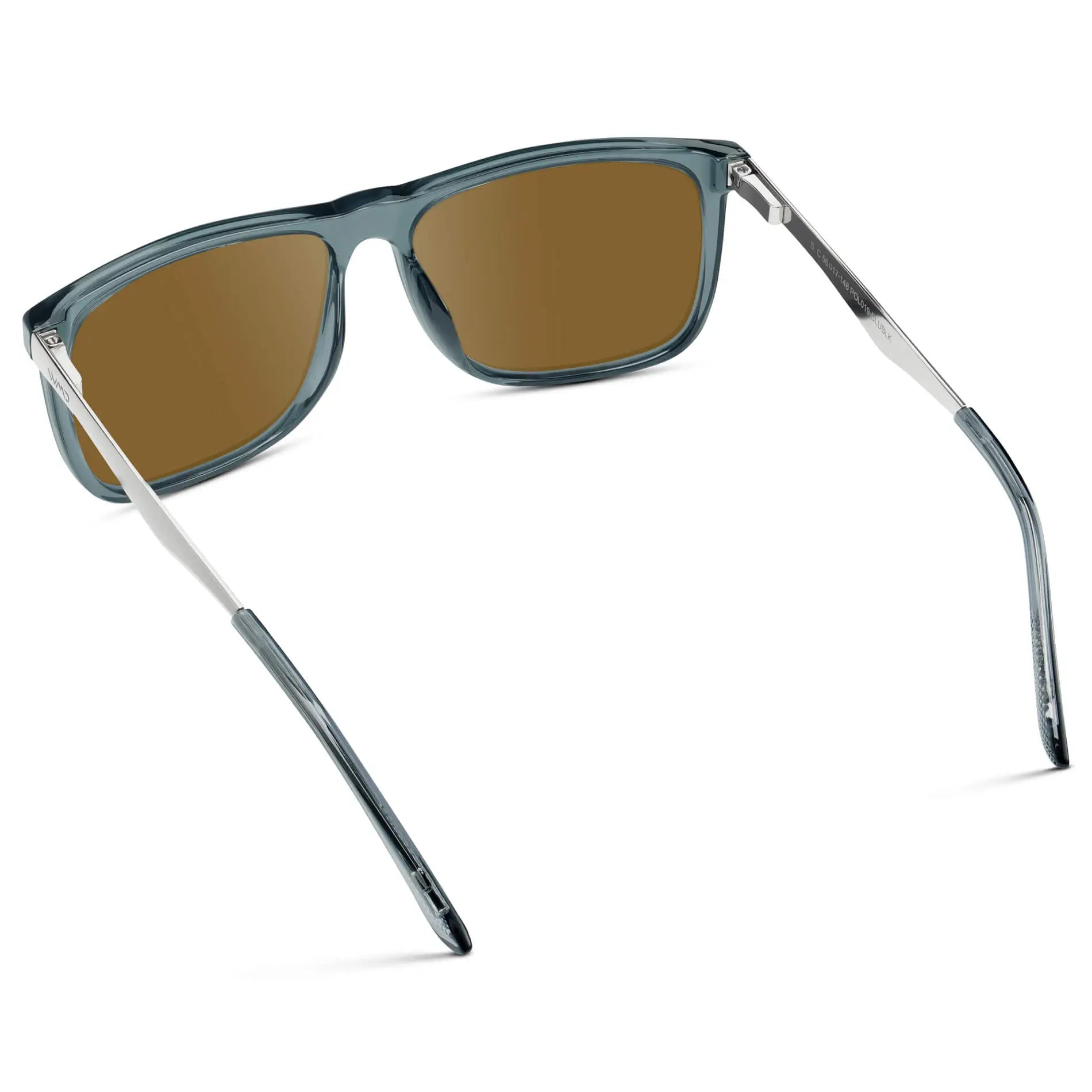 Stone Blue / Amber || Back view of Men's Prescription Sunglasses with Stone Blue Acetate and Stainless Steel Frame and Amber Prescription Lens on a white background