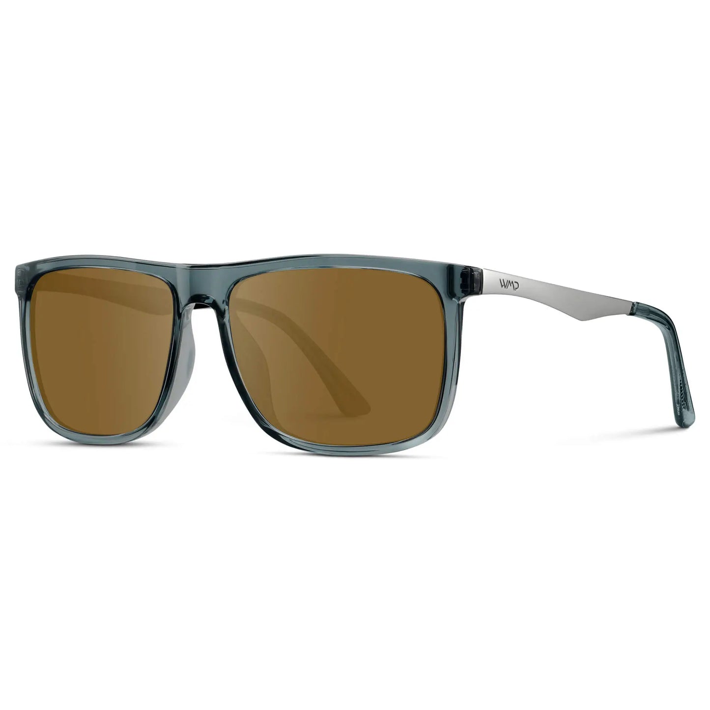 Stone Blue / Amber || Side view of Men's Prescription Sunglasses with Stone Blue Acetate and Stainless Steel Frame and Amber Prescription Lens on a white background