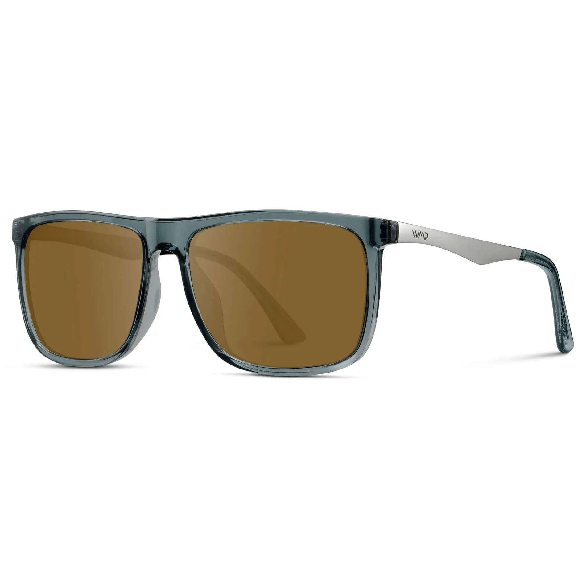 Stone Blue / Amber || Side view of Men's Prescription Sunglasses with Stone Blue Acetate and Stainless Steel Frame and Amber Prescription Lens on a white background
