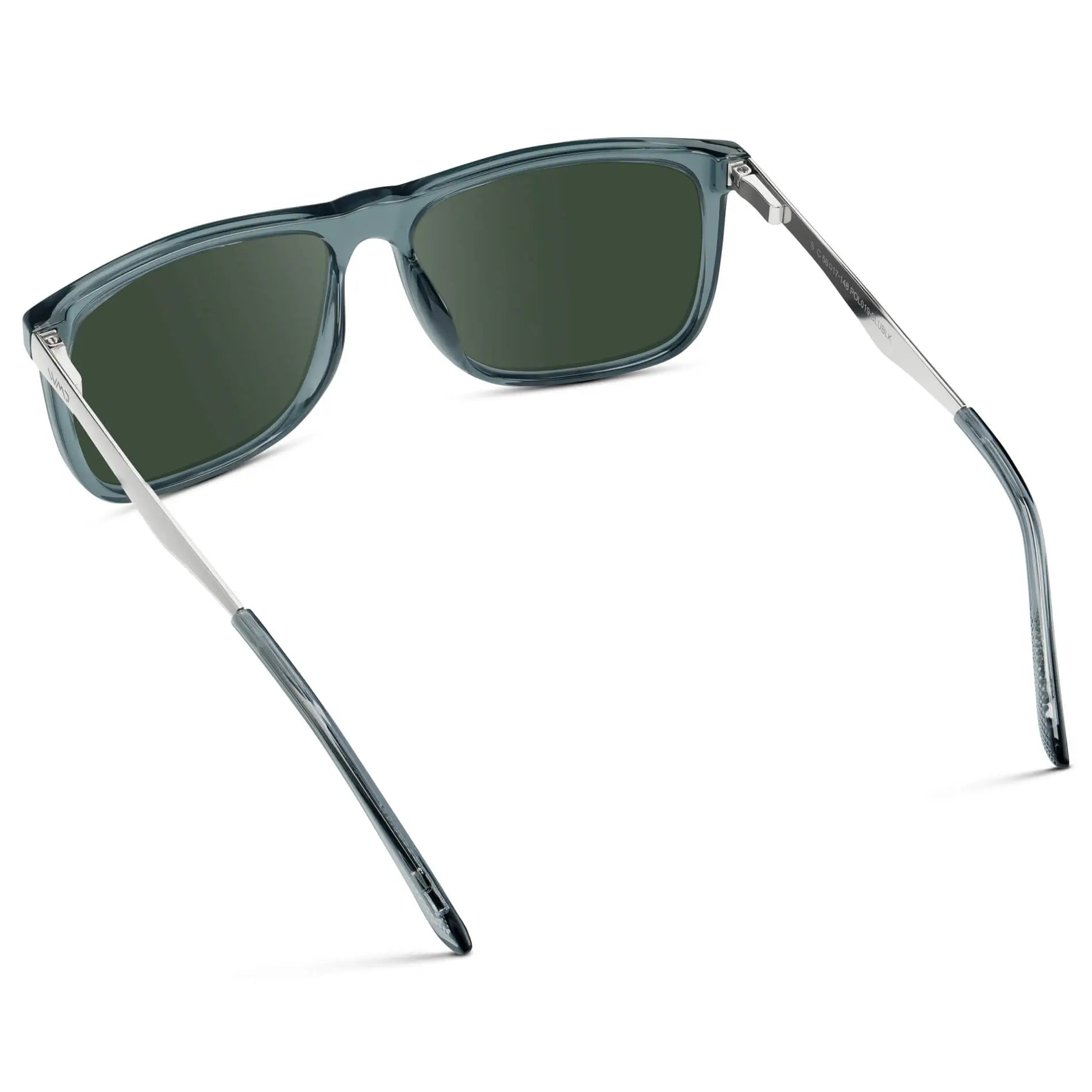 Stone Blue / G15 || Back view of Men's Prescription Sunglasses with Stone Blue Acetate and Stainless Steel Frame and Green Prescription Lens on a white background