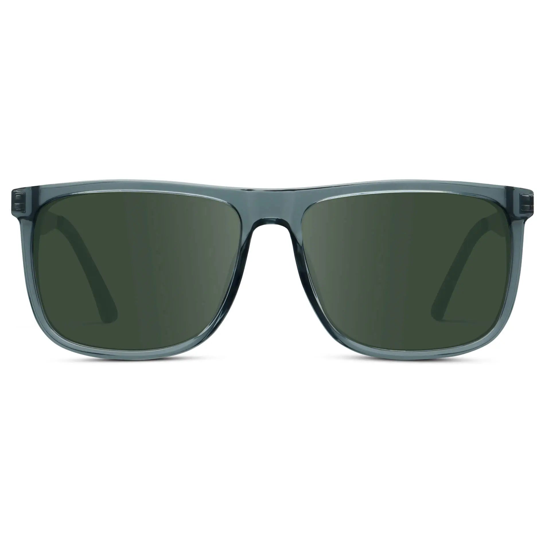 Stone Blue / G15 || Men's Prescription Sunglasses with Stone Blue Acetate and Stainless Steel Frame and Green Prescription Lens on a white background
