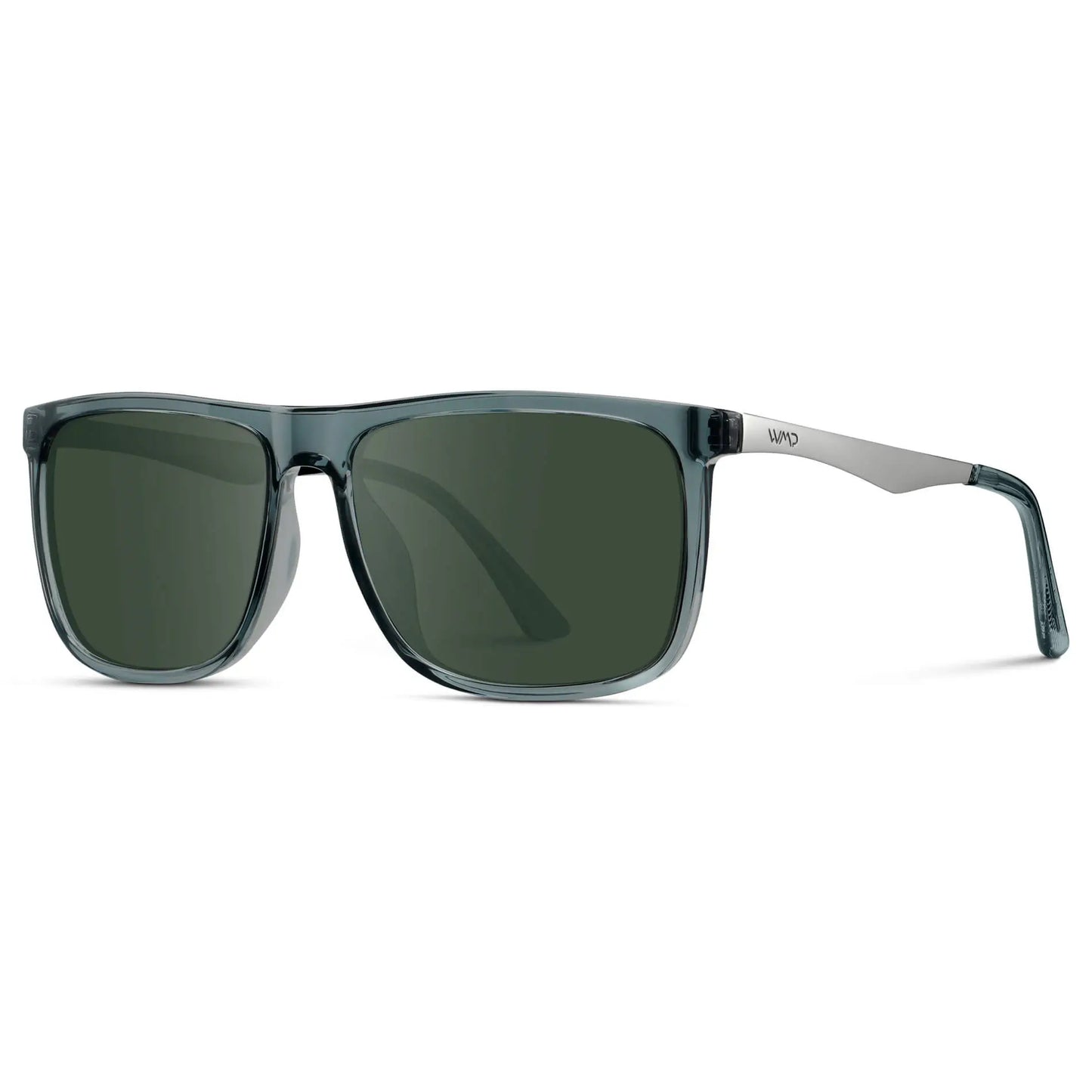 Stone Blue / G15 || Side view of Men's Prescription Sunglasses with Stone Blue Acetate and Stainless Steel Frame and Green Prescription Lens on a white background