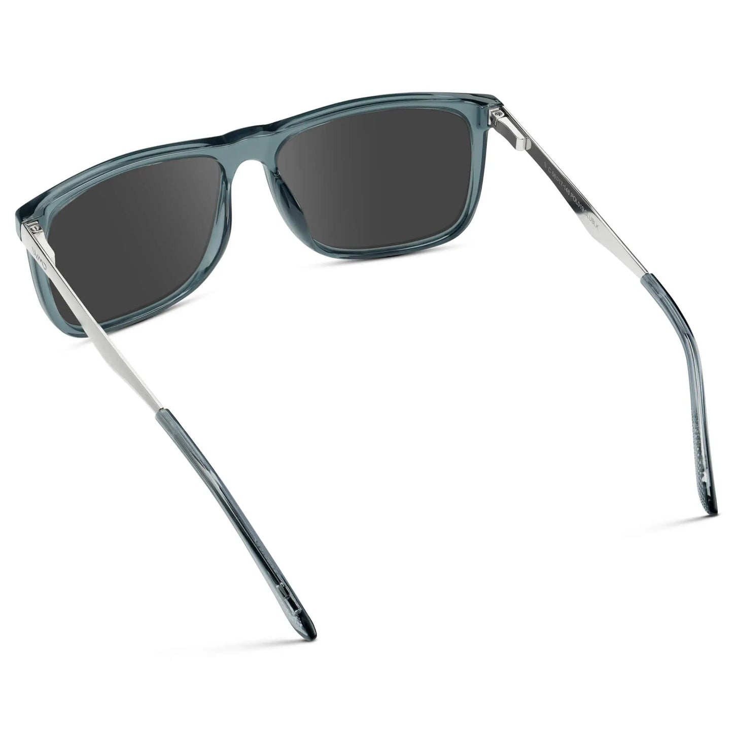 Stone Blue / Grey || Back view of Men's Prescription Sunglasses with Stone Blue Acetate and Stainless Steel Frame and Grey Prescription Lens on a white background