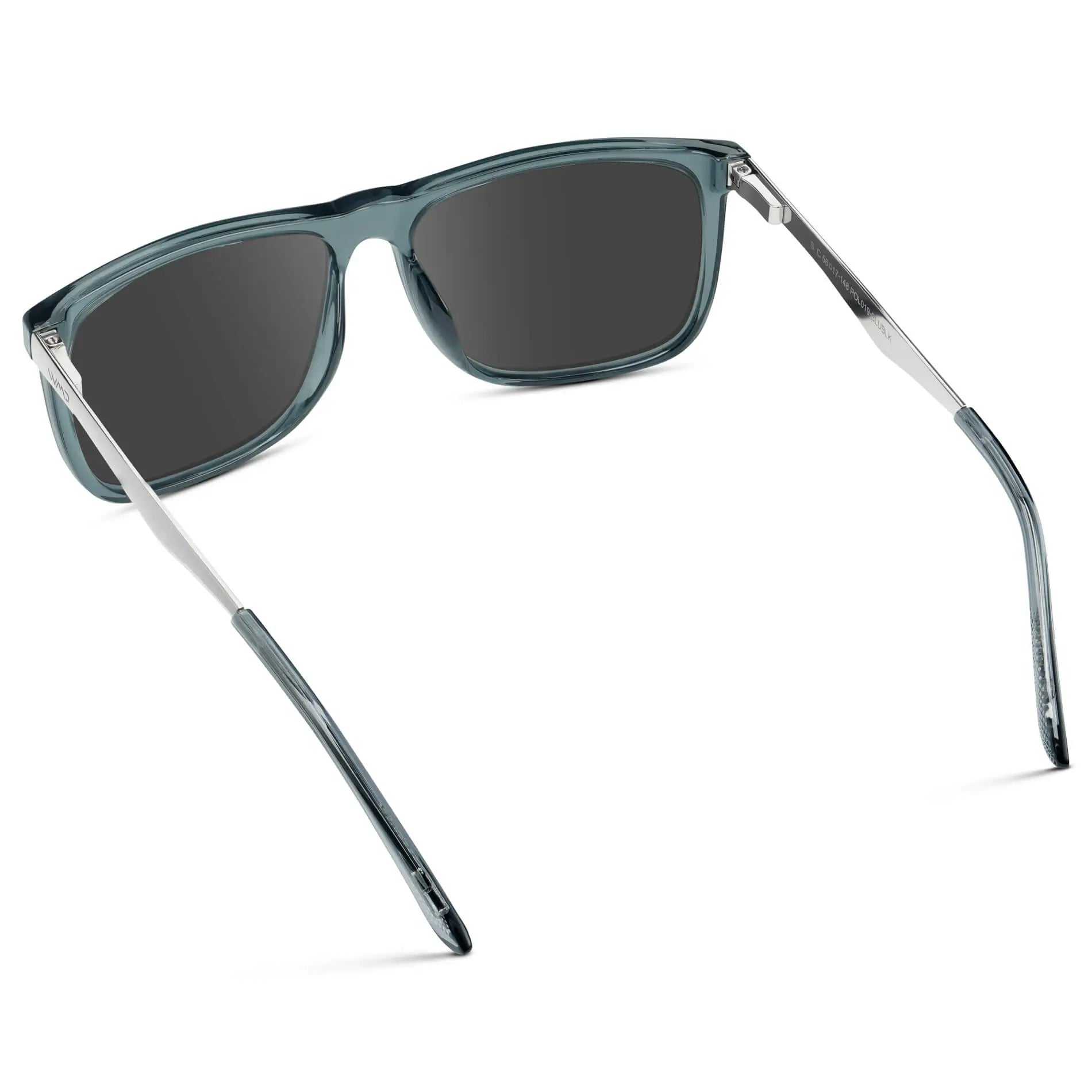 Stone Blue / Grey || Back view of Men's Prescription Sunglasses with Stone Blue Acetate and Stainless Steel Frame and Grey Prescription Lens on a white background