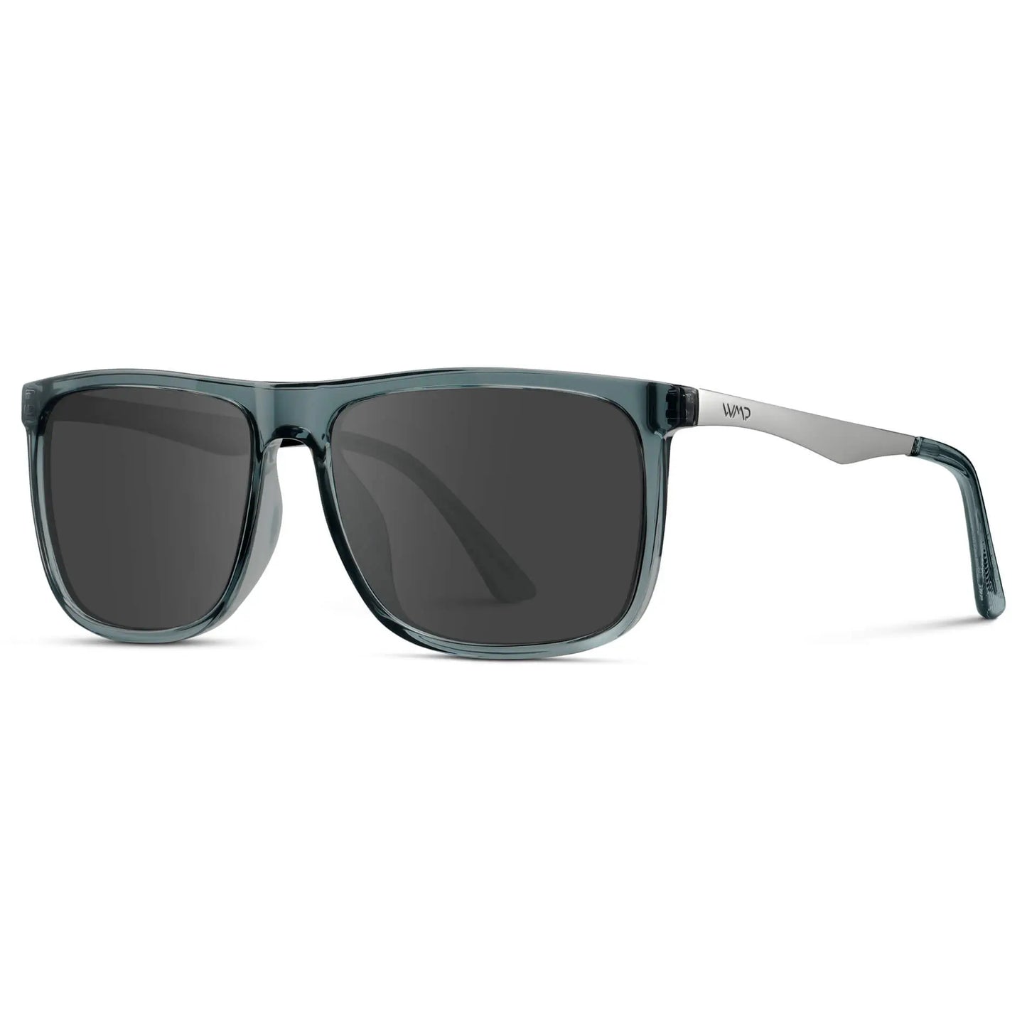 Stone Blue / Grey || Side view of Men's Prescription Sunglasses with Stone Blue Acetate and Stainless Steel Frame and Grey Prescription Lens on a white background