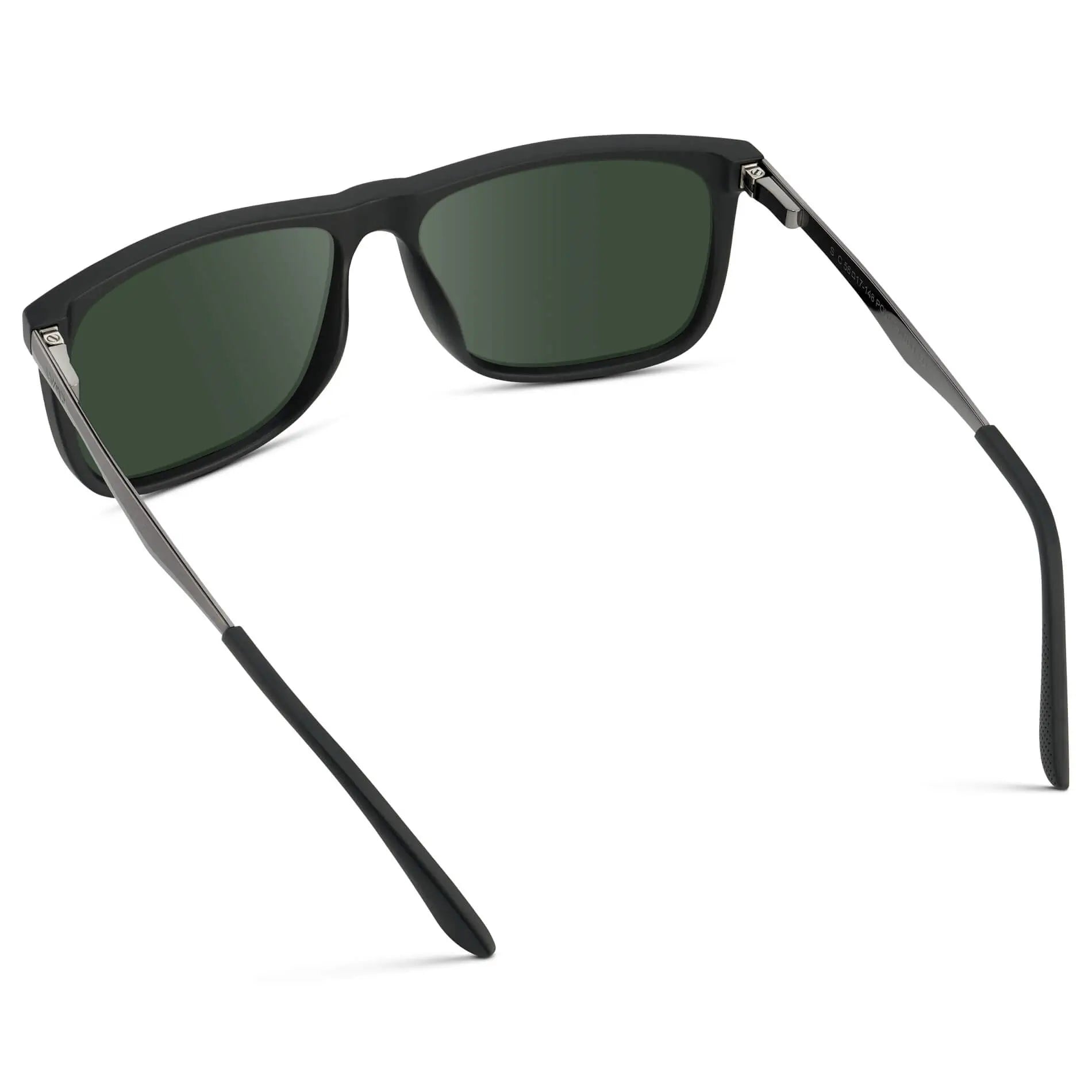 Jade Black / G15 || Back view of Men's Prescription Sunglasses with Jade Black Polycarbonate and Stainless Steel Frame and Green Prescription Lens on a white background