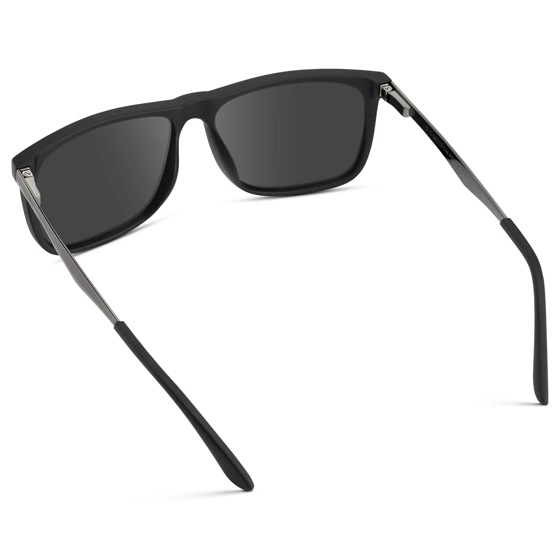 Jade Black / Grey || Back view of Men's Prescription Sunglasses with Jade Black Polycarbonate and Stainless Steel Frame and Grey Prescription Lens on a white background