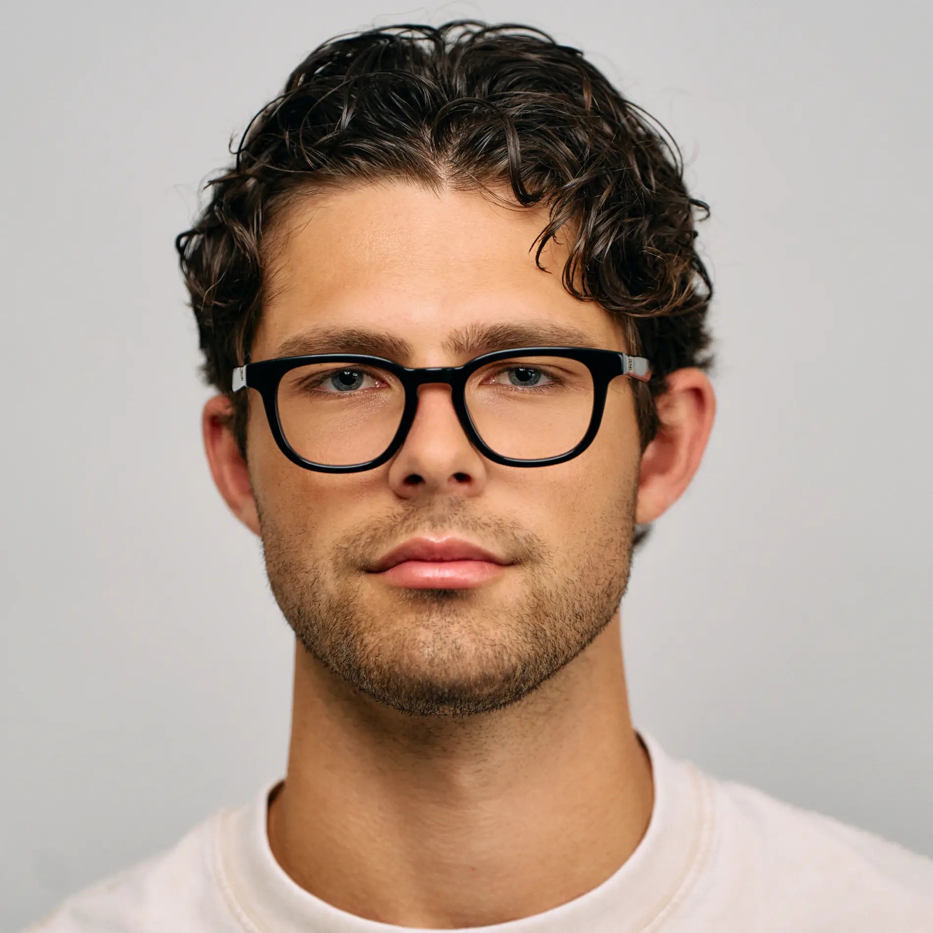 Black || Male model wearing Men's Square Blue Light blocking glasses with Black Acetate frame 