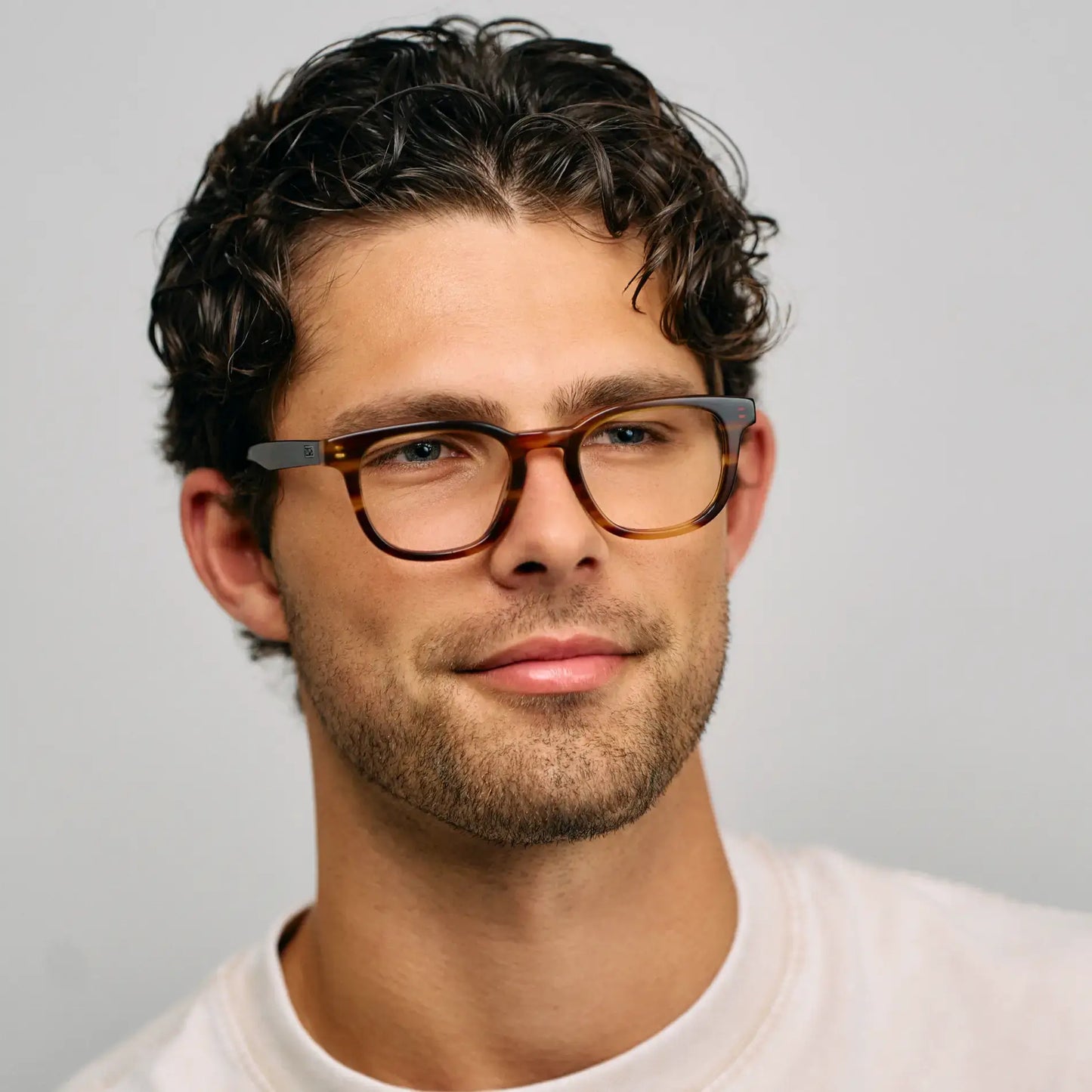 Golden Brown Grain || Model wearing Men's Square Prescription Eyeglasses with Golden Brown Grain Acetate Frame and Clear Lens