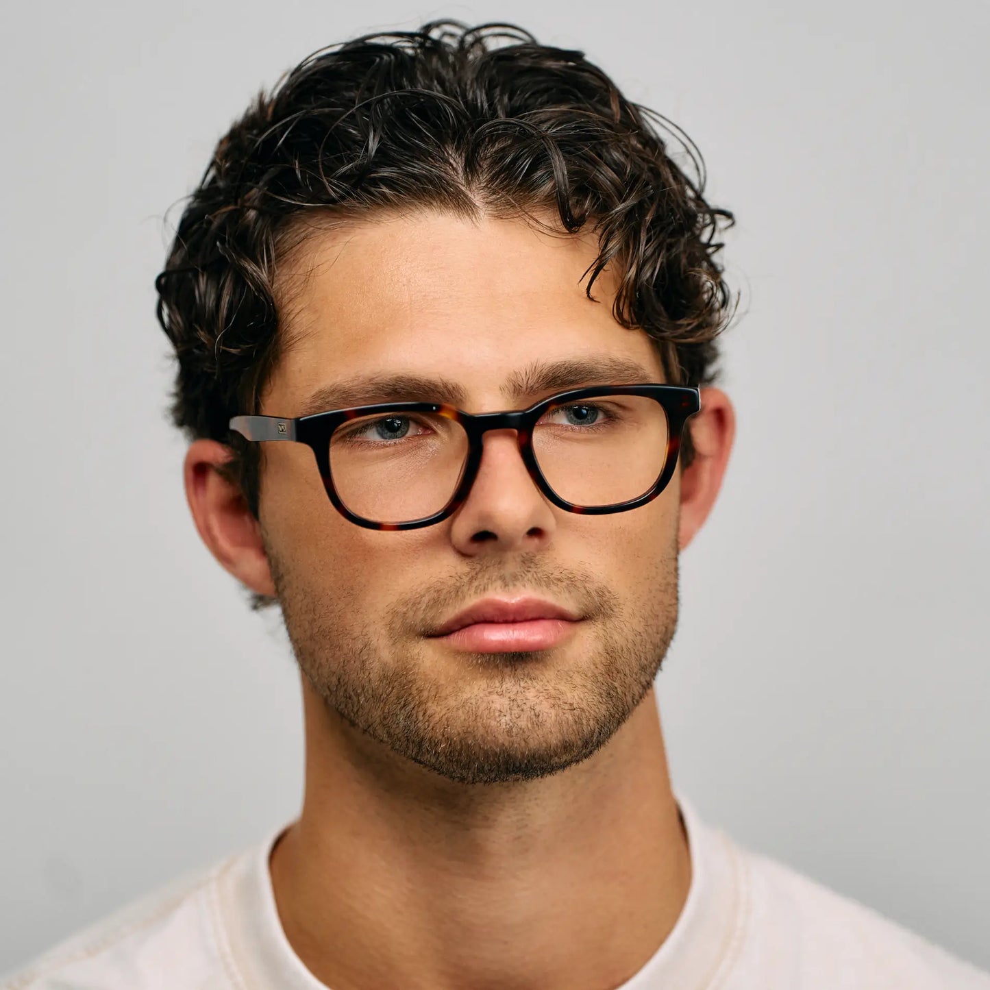 Brown Tortoise || Male model wearing Men's Square Blue Light blocking glasses with Brown Tortoise Acetate frame 