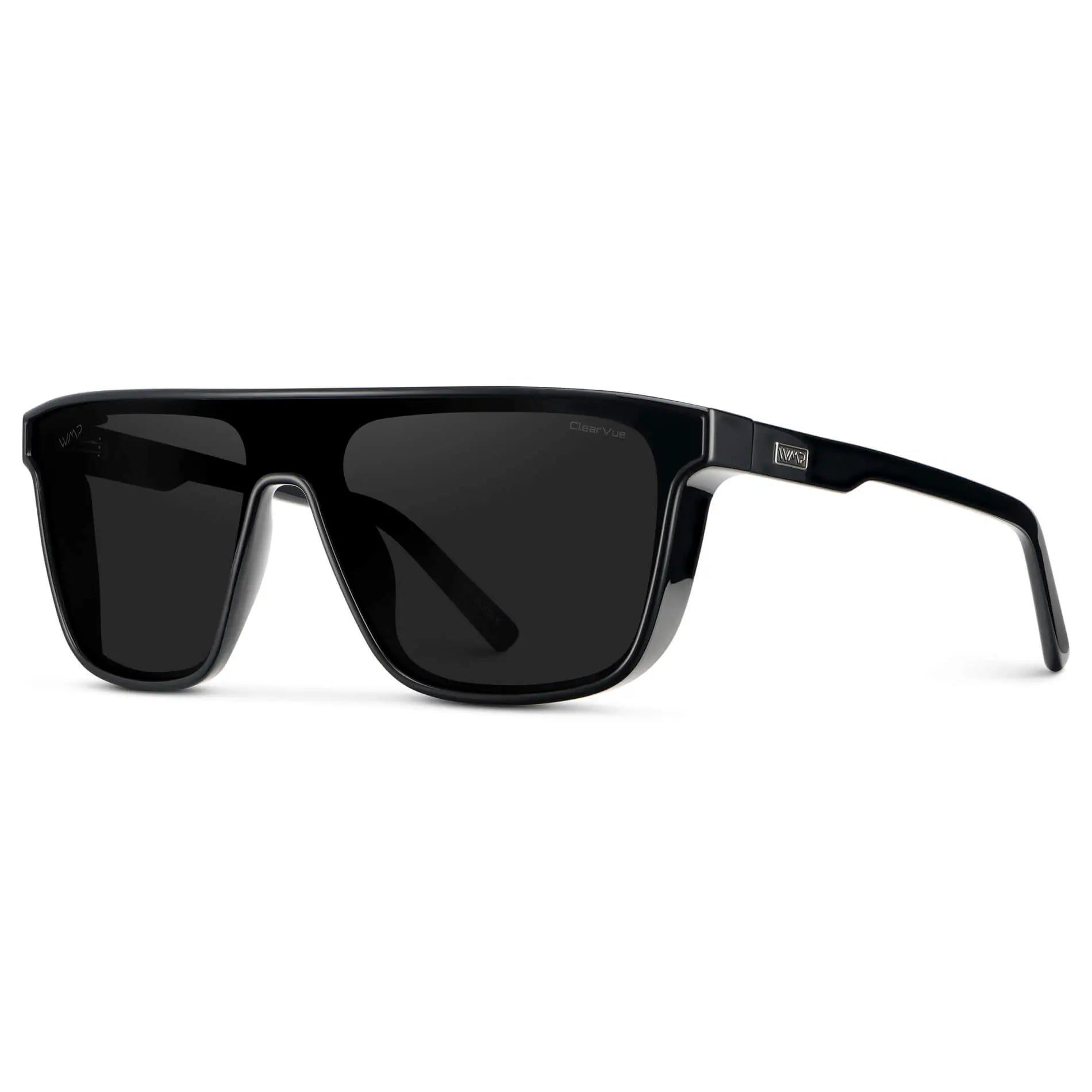 Black / Black Lens || Men's Rectangular Wrap Around Shield Sunglasses with Black Acetate Frame and Black Polarized Lens