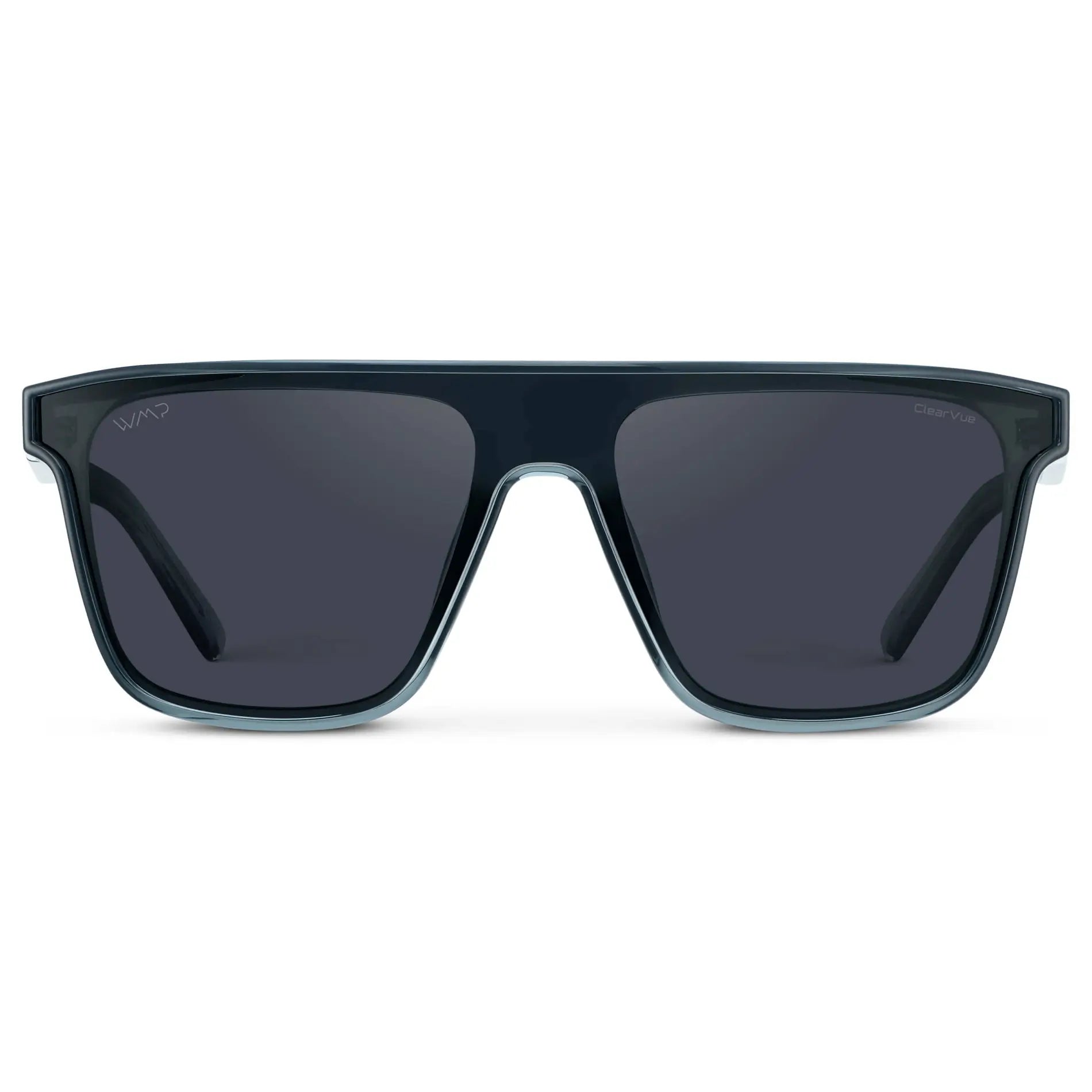 Crystal Steel Blue / Smoke Grey Lens || Men's Rectangular Wrap Around Shield Sunglasses with Crystal Steel Blue Acetate Frame and Smoke Grey Polarized Lens