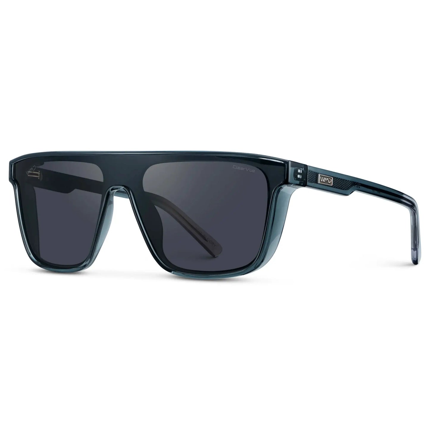 Crystal Steel Blue / Smoke Grey Lens || Men's Rectangular Wrap Around Shield Sunglasses with Crystal Steel Blue Acetate Frame and Smoke Grey Polarized Lens