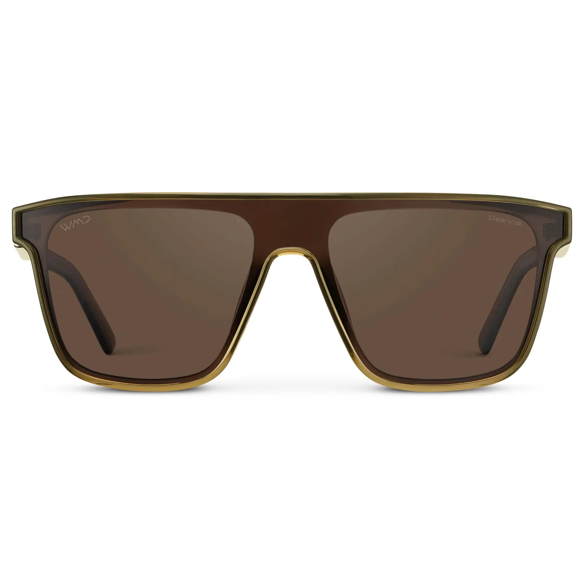 Crystal Verde / Brown Lens || Men's Rectangular Wrap Around Shield Sunglasses with Crystal Verde Acetate Frame and Brown Polarized Lens