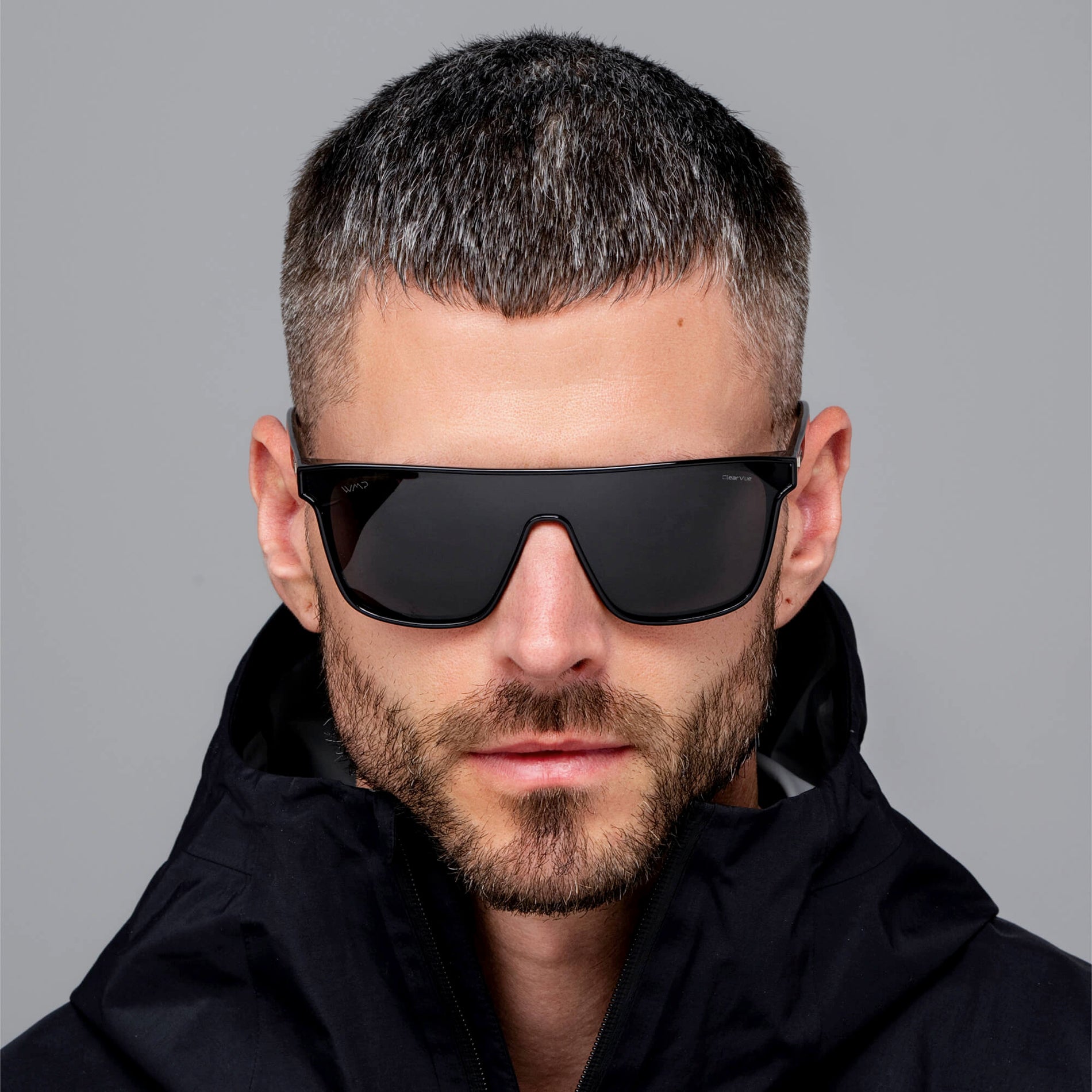 Black / Black Lens || Men's Rectangular Wrap Around Shield Sunglasses with Black Acetate Frame and Black Polarized Lens