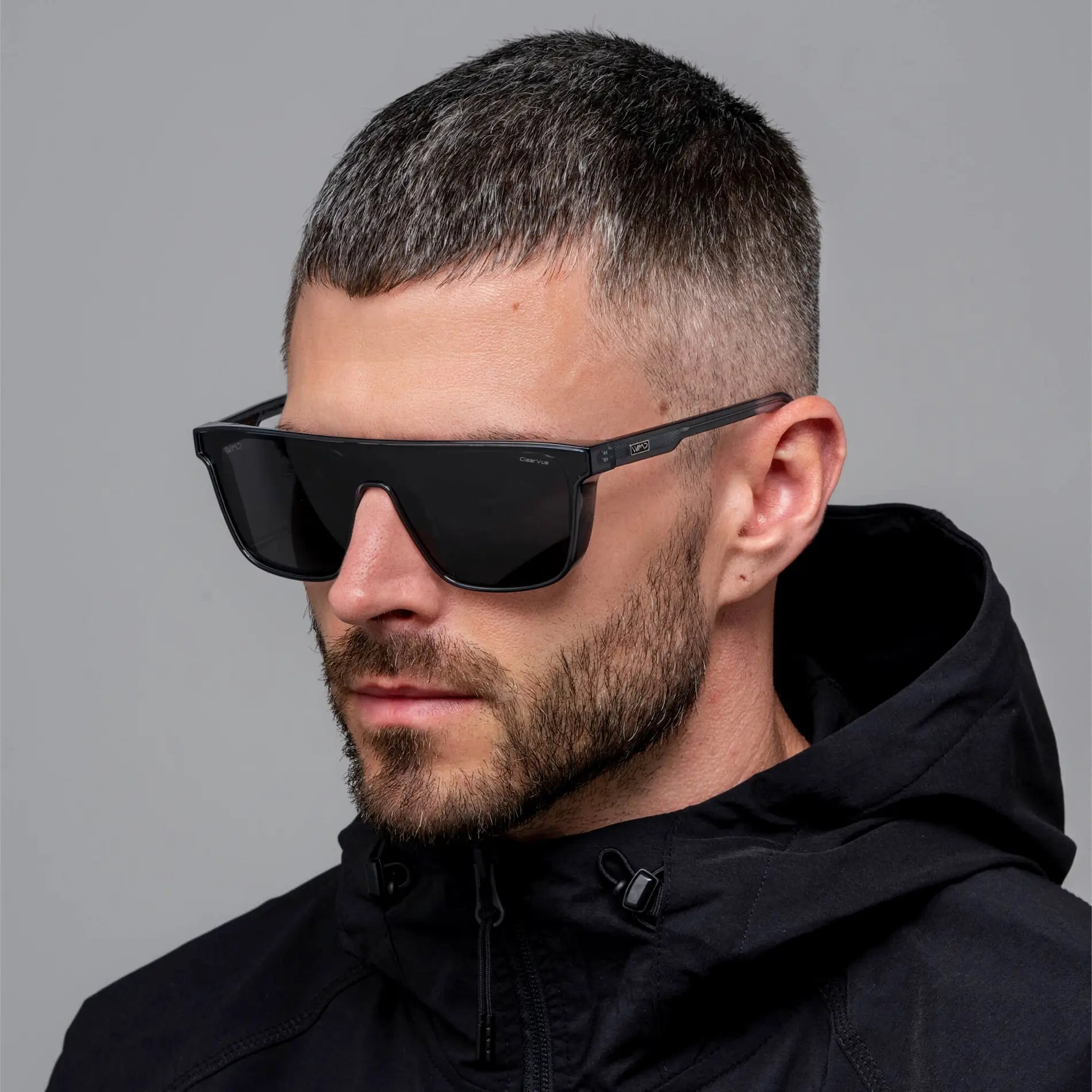 Crystal Steel Blue / Smoke Grey Lens || Men's Rectangular Wrap Around Shield Sunglasses with Crystal Steel Blue Acetate Frame and Smoke Grey Polarized Lens