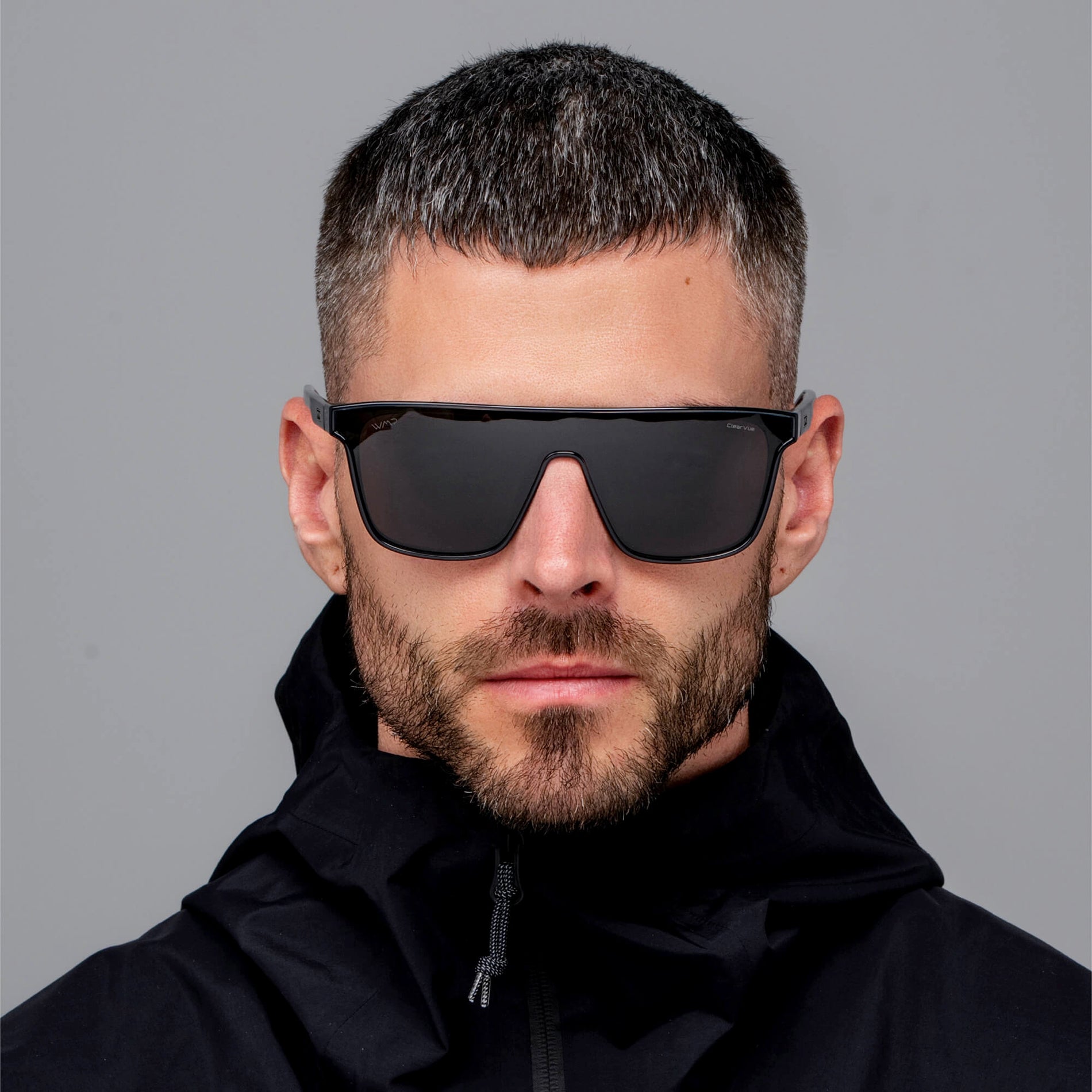 Crystal Steel Blue / Smoke Grey Lens || Men's Rectangular Wrap Around Shield Sunglasses with Crystal Steel Blue Acetate Frame and Smoke Grey Polarized Lens