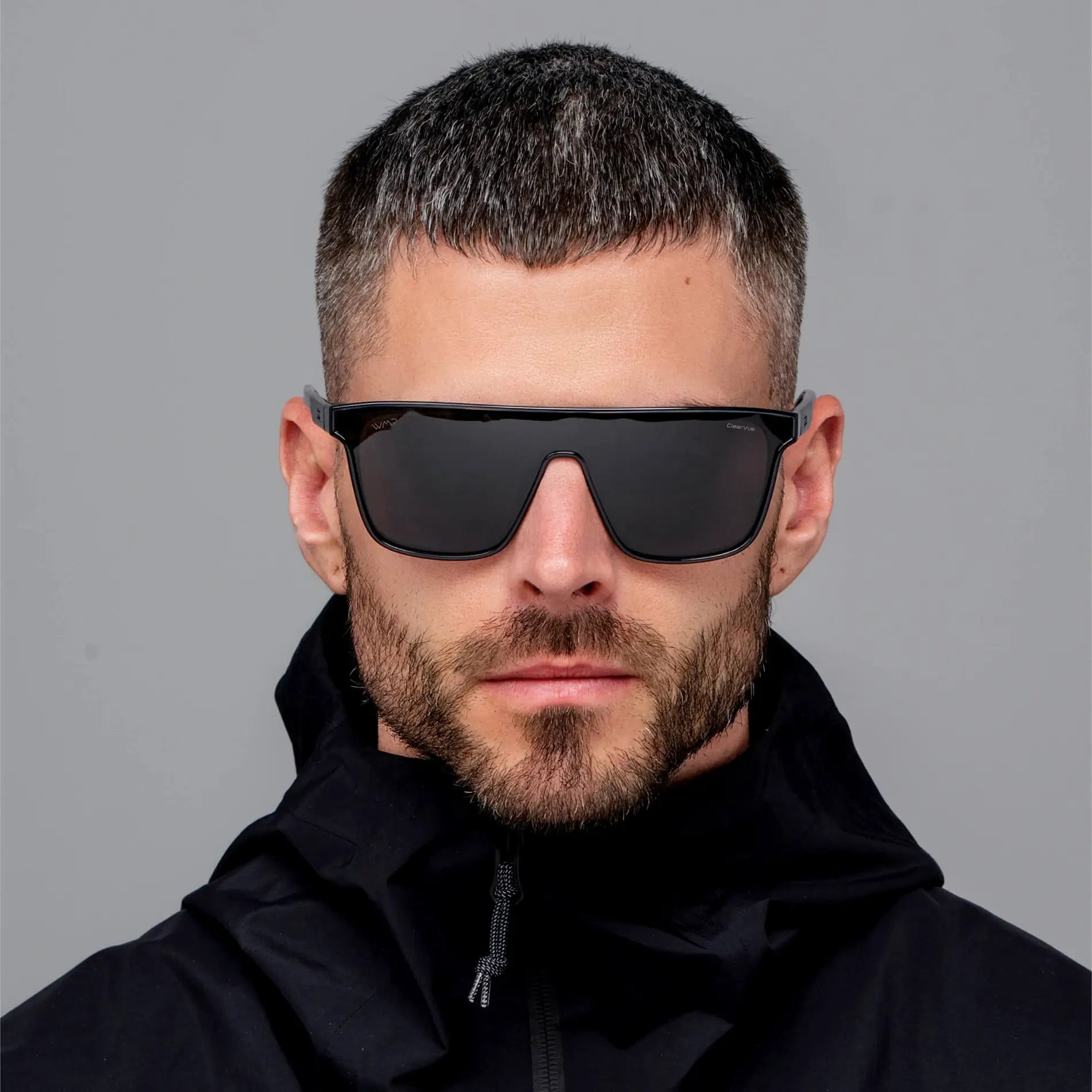 Crystal Steel Blue / Smoke Grey Lens || Men's Rectangular Wrap Around Shield Sunglasses with Crystal Steel Blue Acetate Frame and Smoke Grey Polarized Lens